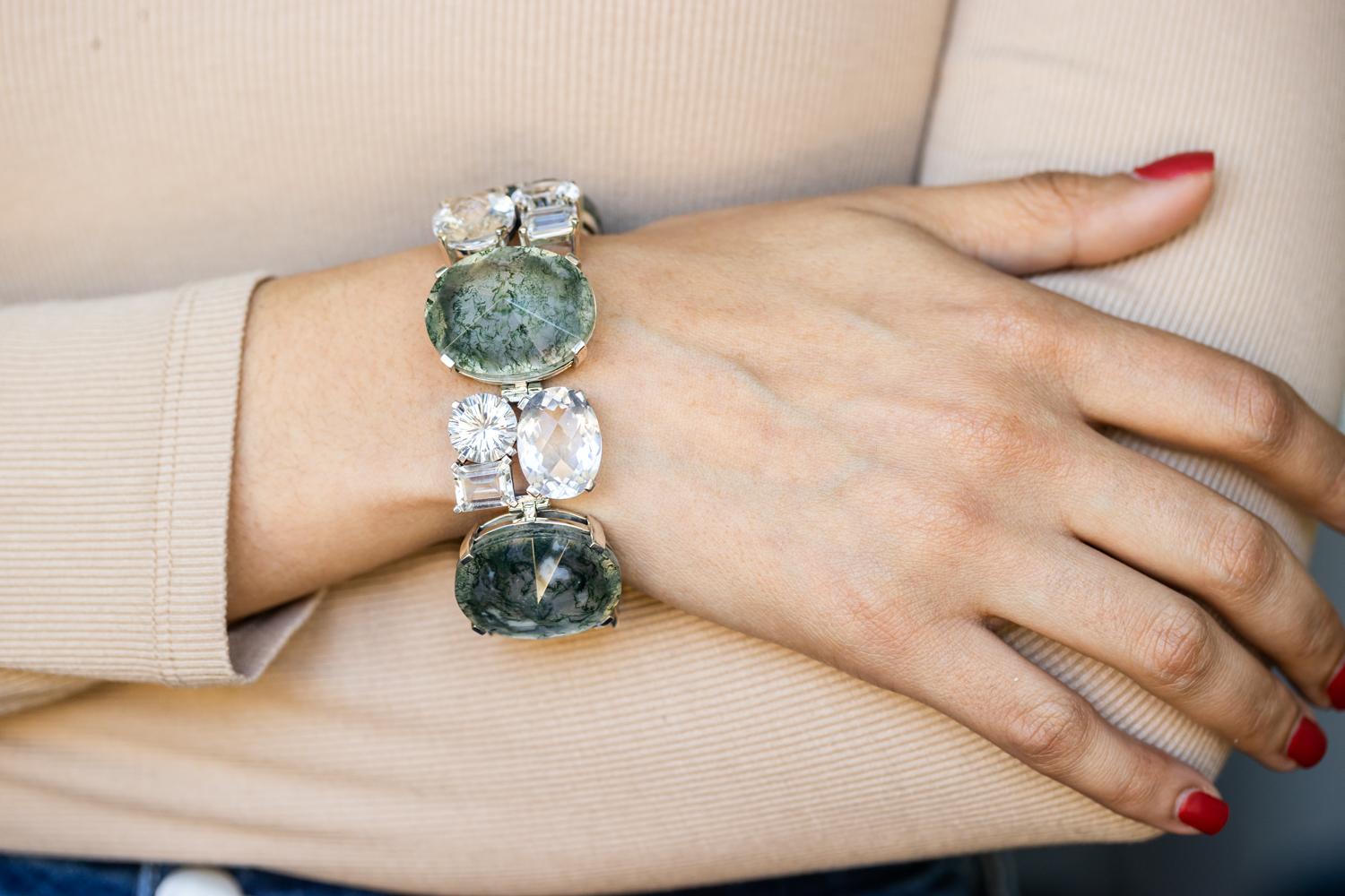 Sterling Silver Quartz and Moss Agate Bracelet by Stephen Dweck In New Condition For Sale In Virginia Beach, VA