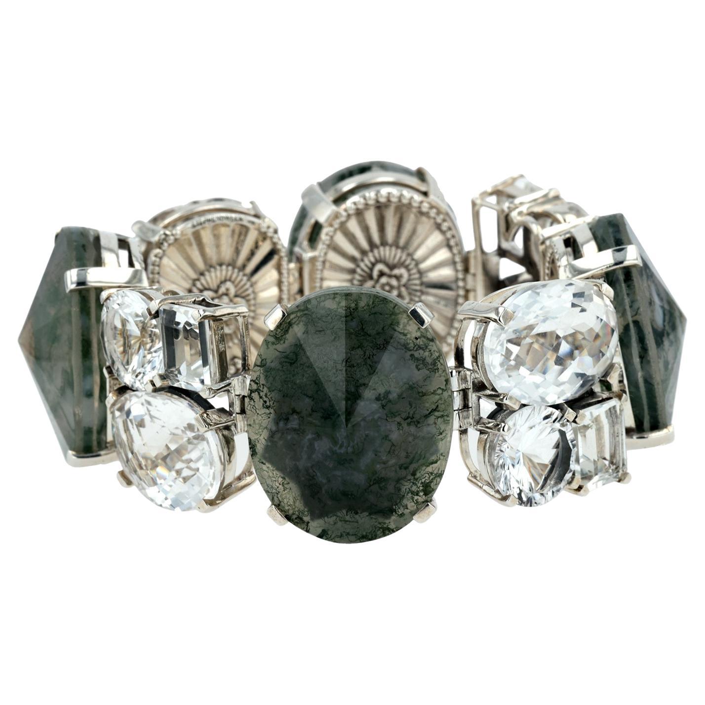 Sterling Silver Quartz and Moss Agate Bracelet by Stephen Dweck For Sale