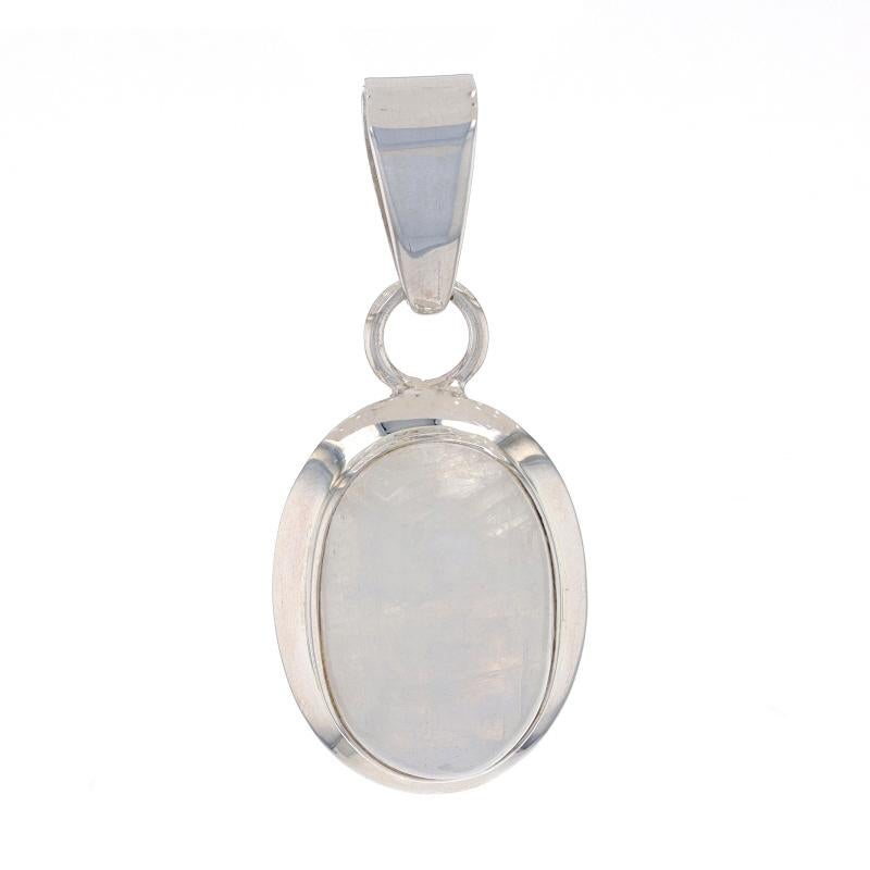 Metal Content: Sterling Silver

Stone Information

Natural Rainbow Moonstone
Cut: Oval Cabochon

Style: Solitaire

Measurements
Tall (from stationary bail): 1 3/8