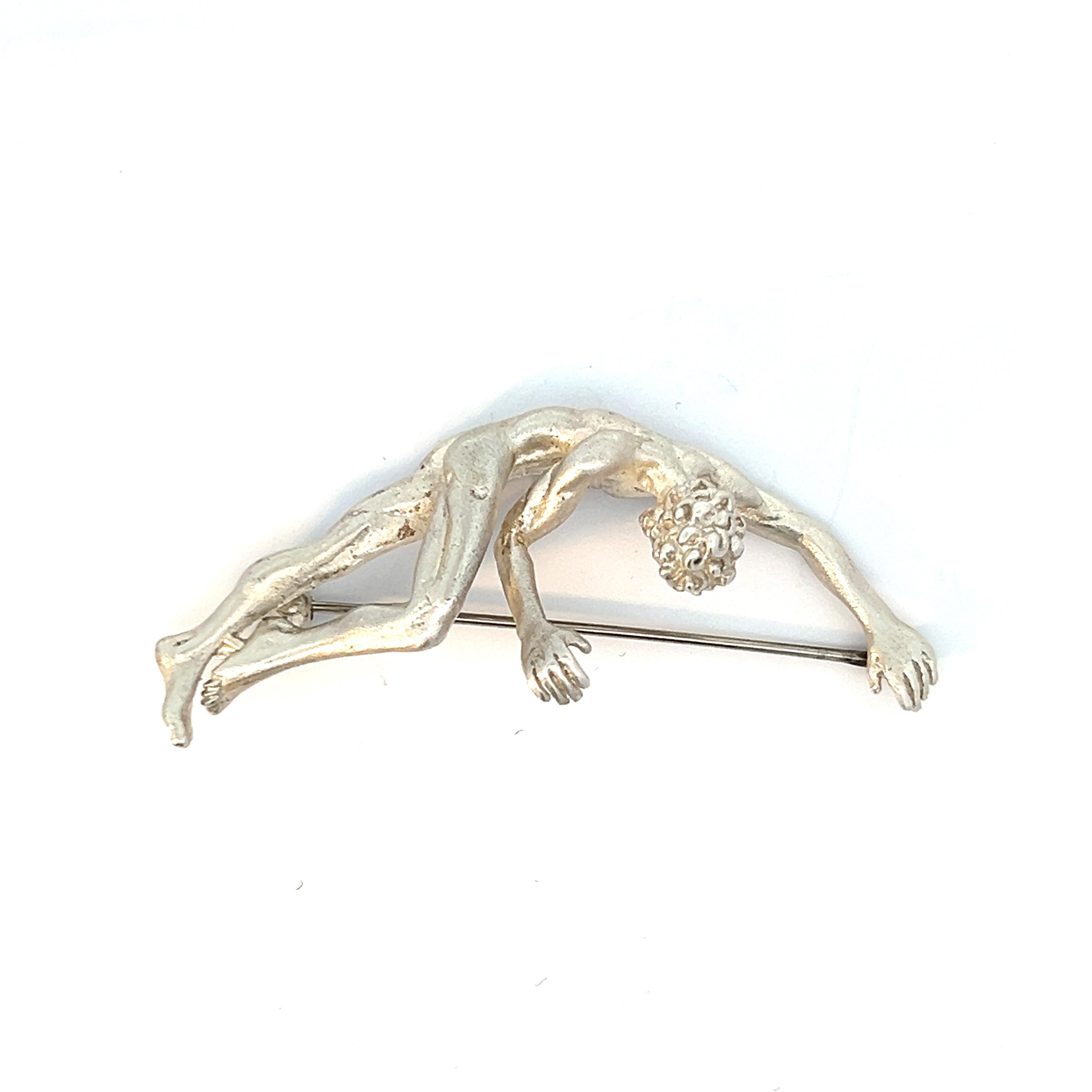 Women's or Men's Sterling Silver Reclining Man Lapel Pin Brooch For Sale