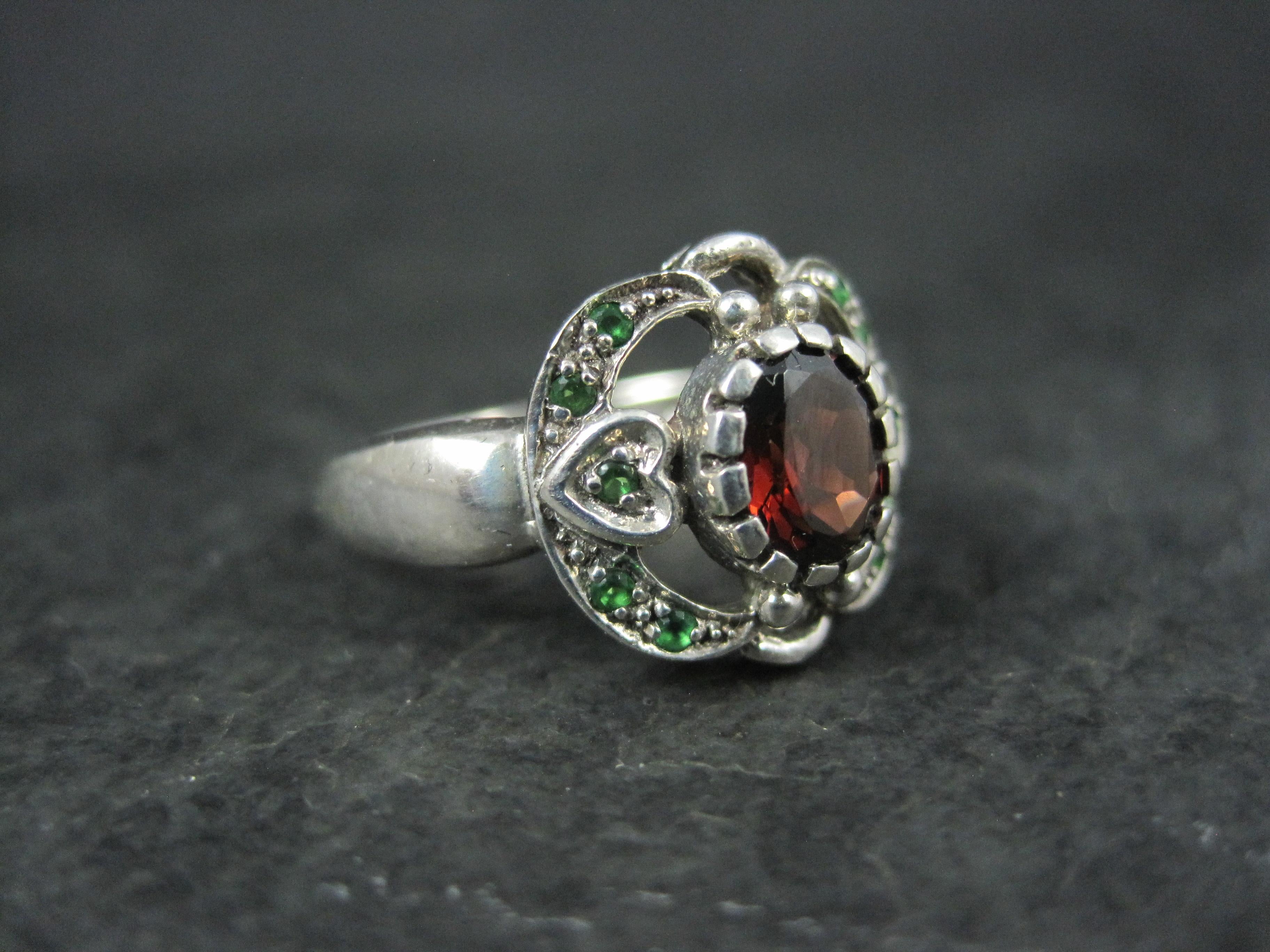 Art Deco Sterling Silver Red and Tsavorite Garnet Ring Size 5.5 For Sale