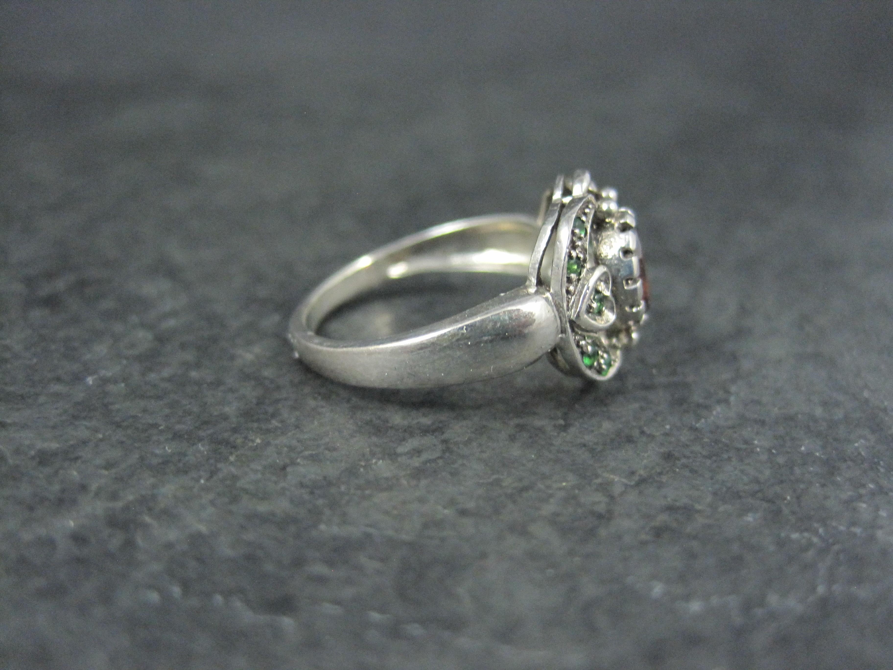 Mixed Cut Sterling Silver Red and Tsavorite Garnet Ring Size 5.5 For Sale