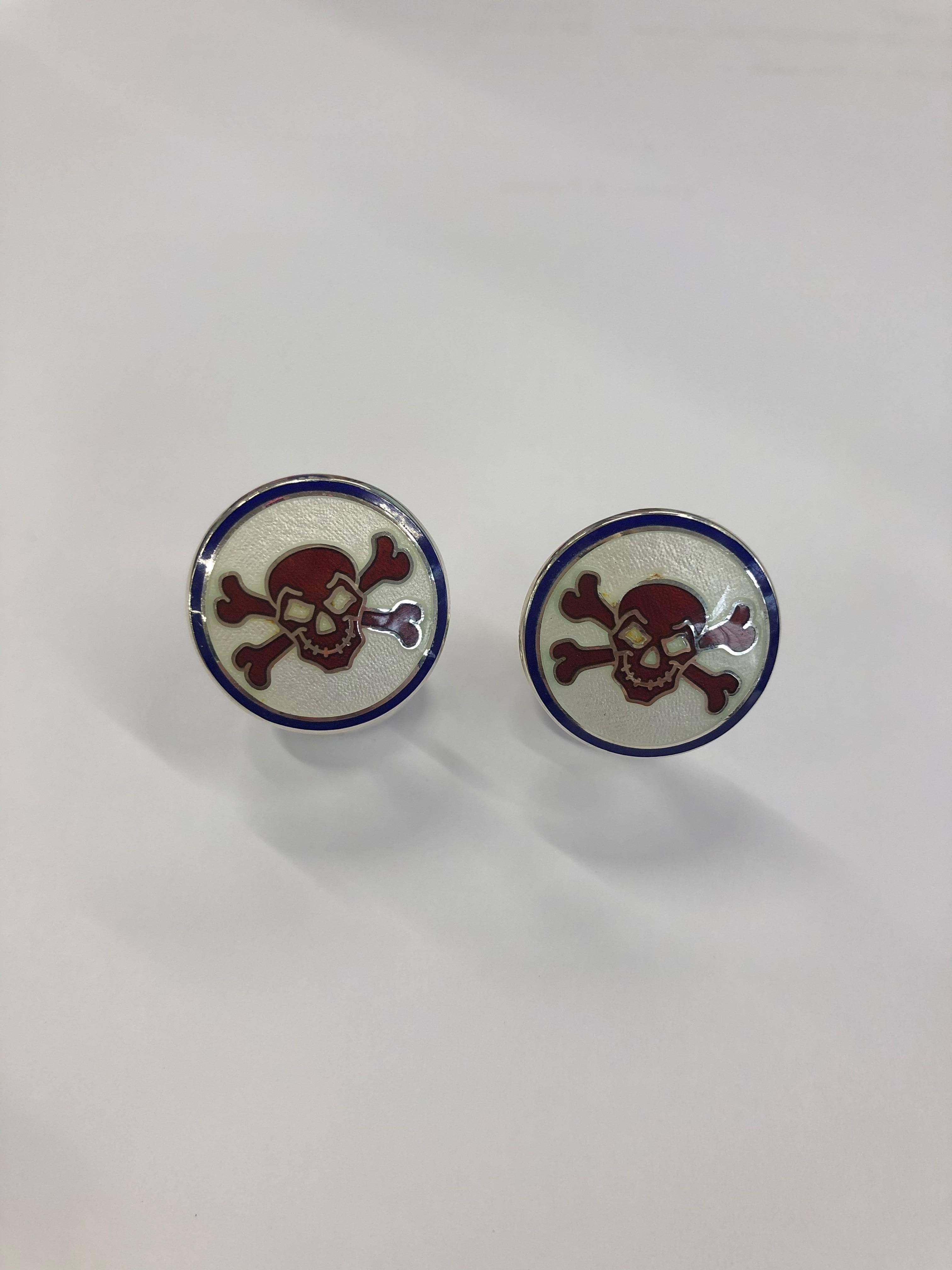 DEAKIN & FRANCIS, Piccadilly Arcade, London

Ahoy Me Hearties! These sterling silver cufflinks have been delicately hand-enamelled in red, white and blue. Skulls are a Deakin & Francis trademark, and these cufflinks sit well in the collection. With