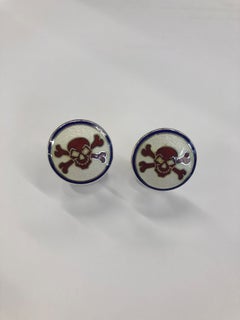 Sterling Silver Red, Blue and White Skull and Cross Bones Enamel Cufflinks