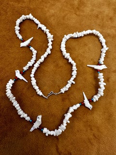 Sterling Silver Red Coral, Turquoise, Mother Of Pearl Fetish 33" Necklace