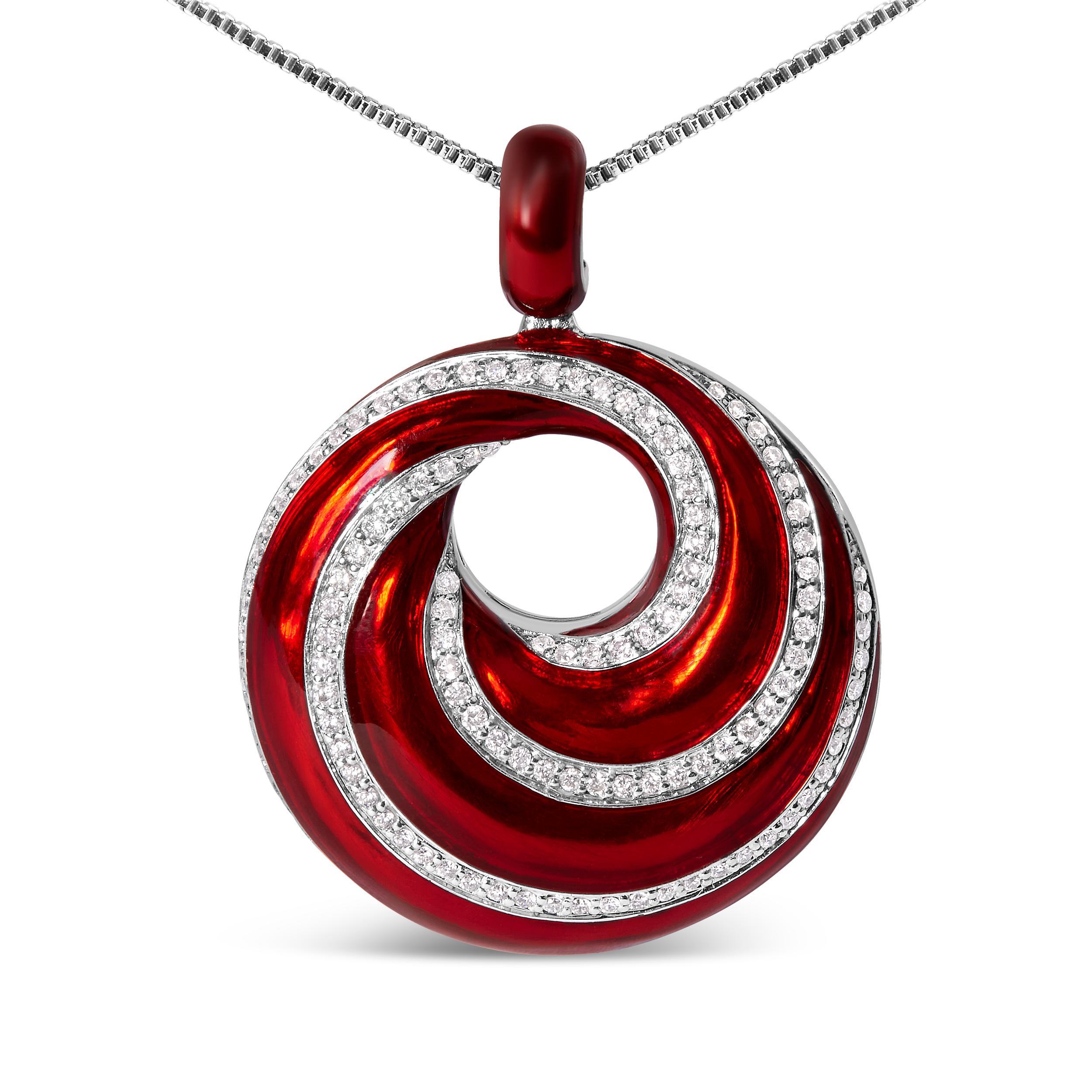 Introducing a stunning piece of jewelry that will take your breath away. This .925 sterling silver pendant necklace is designed with a red enamel swirl and adorned with 134 round diamonds, totaling 0.50 cttw. The diamonds are carefully selected for