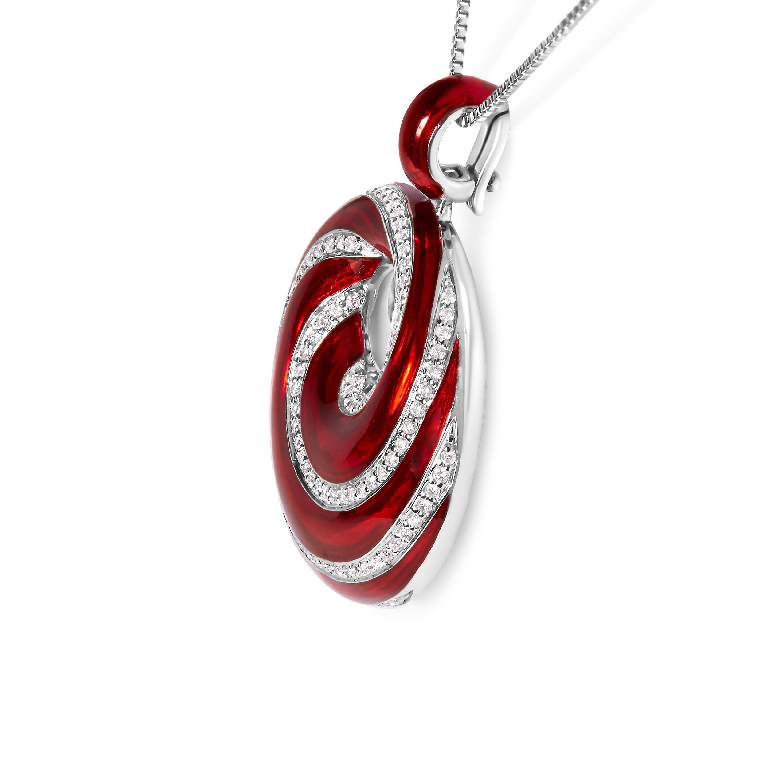 Modern Sterling Silver Red Enamel and 1/2 Cttw Diamond Endless Swirl Medallion Necklace For Sale