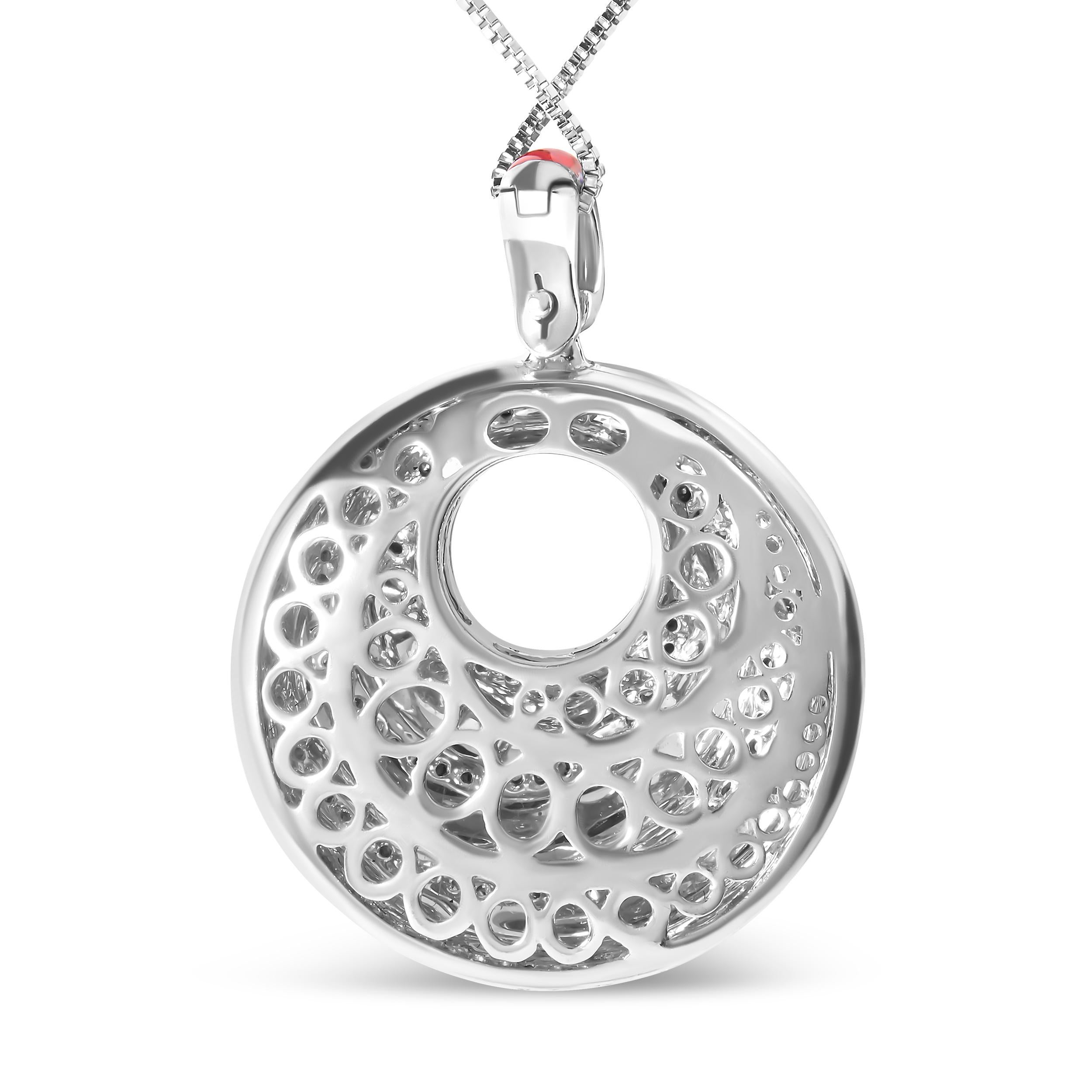 Round Cut Sterling Silver Red Enamel and 1/2 Cttw Diamond Endless Swirl Medallion Necklace For Sale