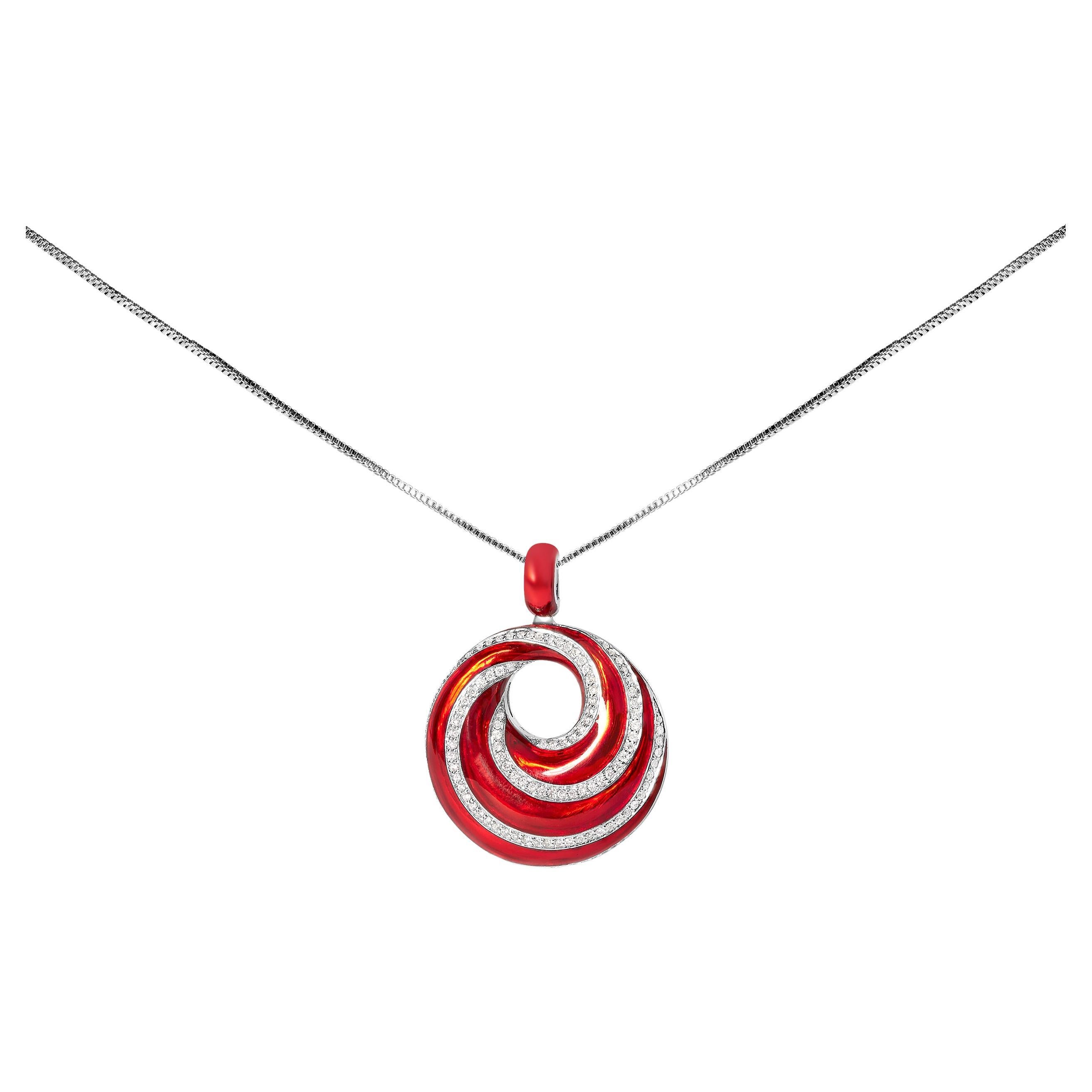 Sterling Silver Red Enamel and 1/2 Cttw Diamond Endless Swirl Medallion Necklace For Sale