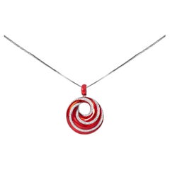 Sterling Silver Red Enamel and 1/2 Cttw Diamond Endless Swirl Medallion Necklace