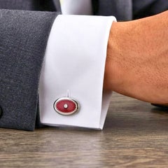 Sterling Silver Red Guilloché Enamel Oval Cufflinks