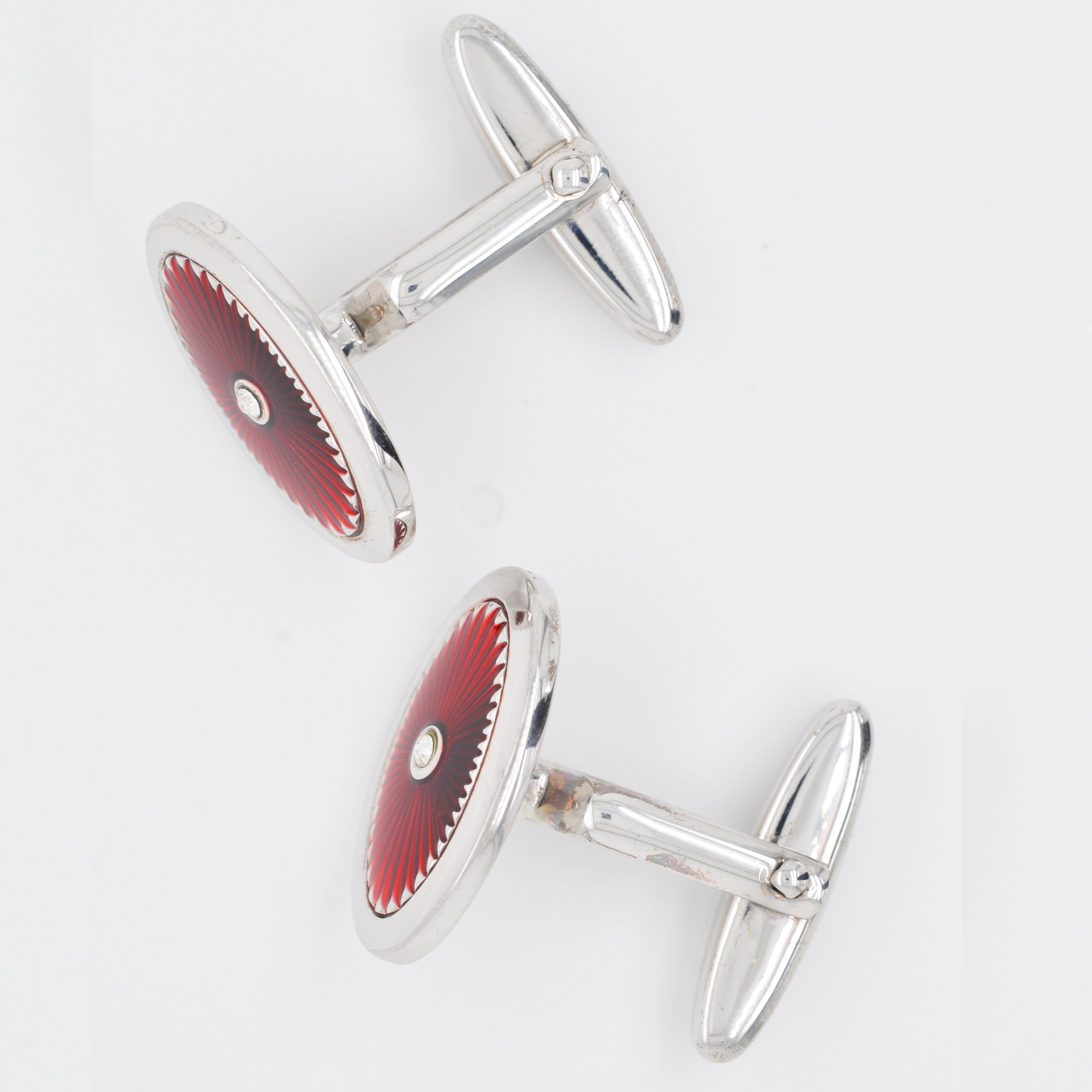 Contemporary Sterling Silver Red Guilloché Enamel Oval Cufflinks For Sale