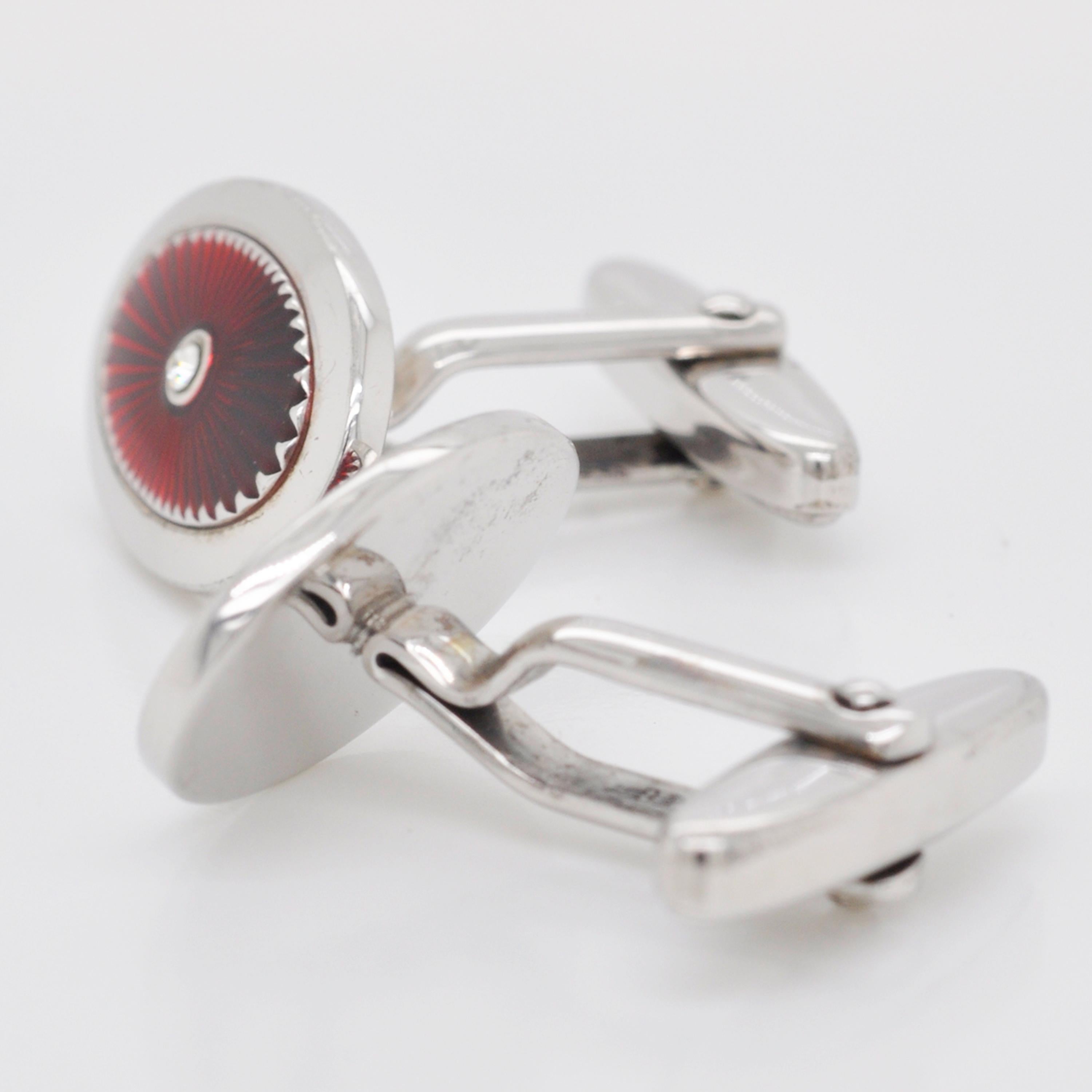 Sterling Silver Red Guilloché Enamel Oval Cufflinks In New Condition For Sale In Jaipur, Rajasthan