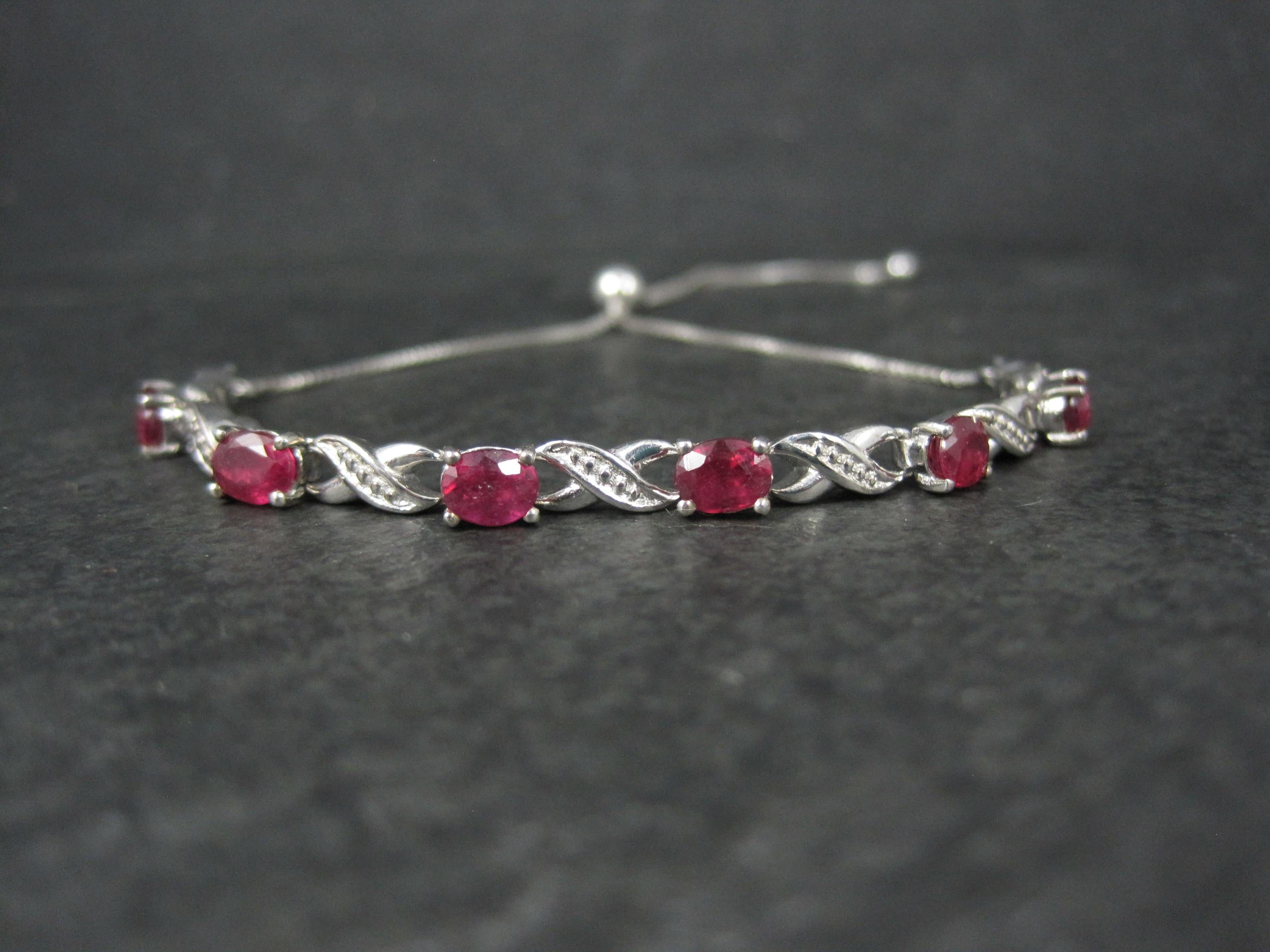 This beautiful estate bolo bracelet is sterling silver.
It features 6 oval cut 4x5mm red spinel gemstones.
It is adjustable from 4 to 9 inches.
Condition: Excellent