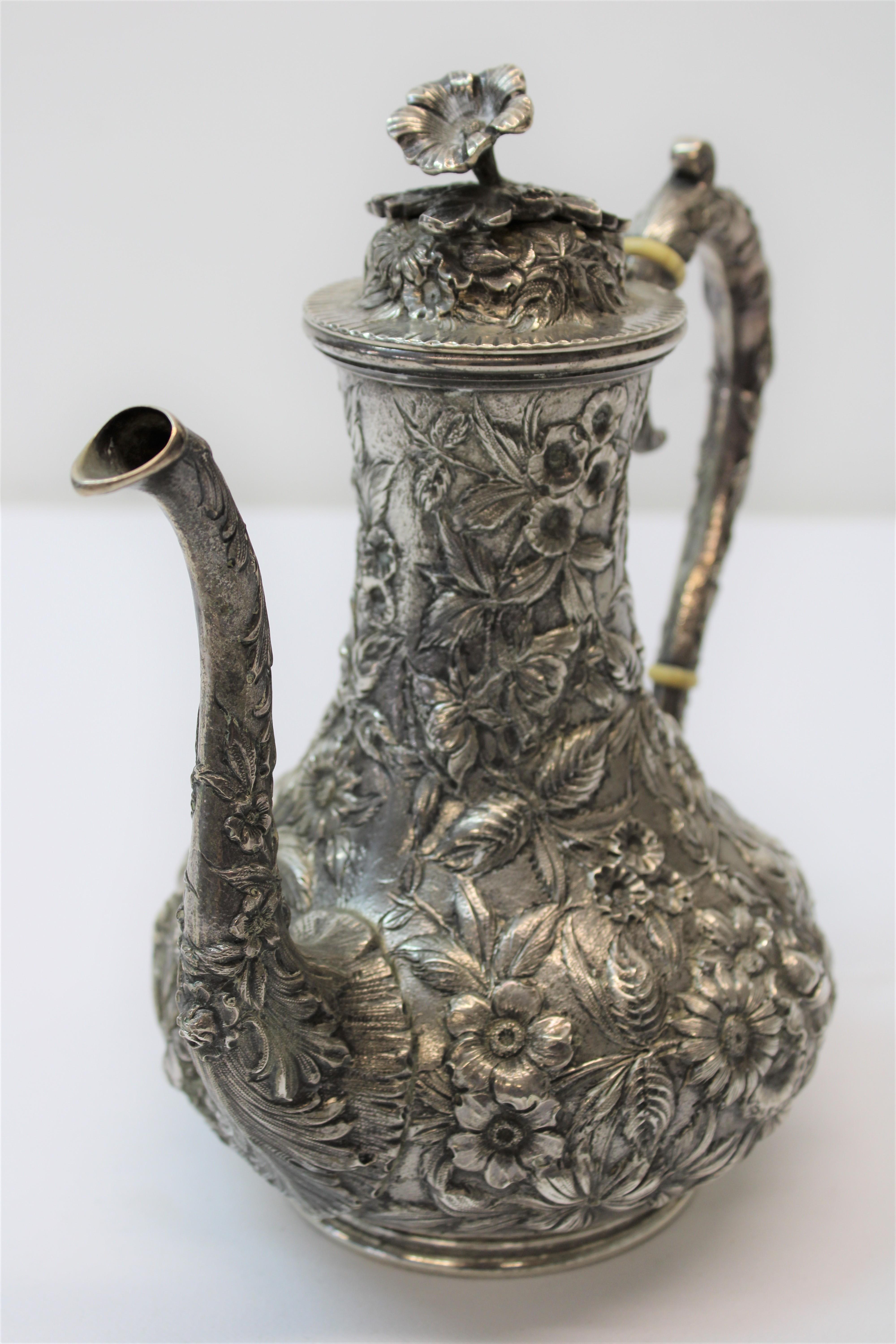 C. 20th century - Beautiful Fatima sterling silver repousse coffee pot w/ amazing detail. Made by S. Kirk & Son.