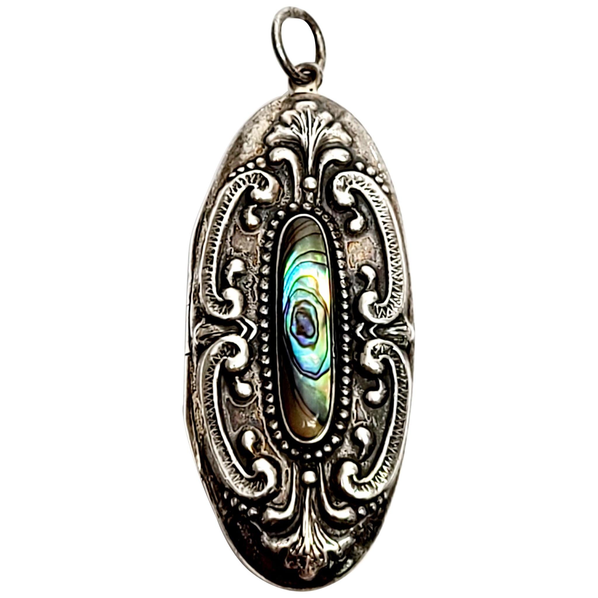 Sterling Silver Repousse Abalone Oblong Locket