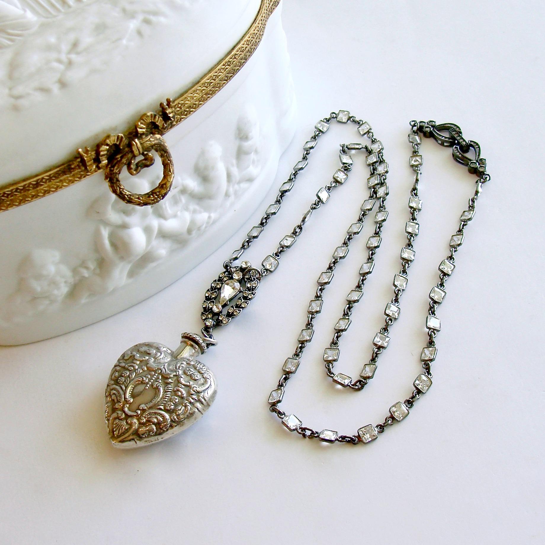 Victorian Sterling Silver Repousse Chatelaine Heart Scent Bottle, Cressida II Necklace