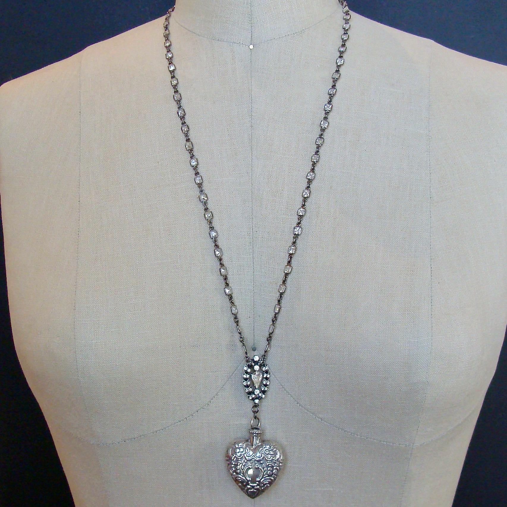 Sterling Silver Repousse Chatelaine Heart Scent Bottle, Cressida II Necklace In Excellent Condition In Colleyville, TX