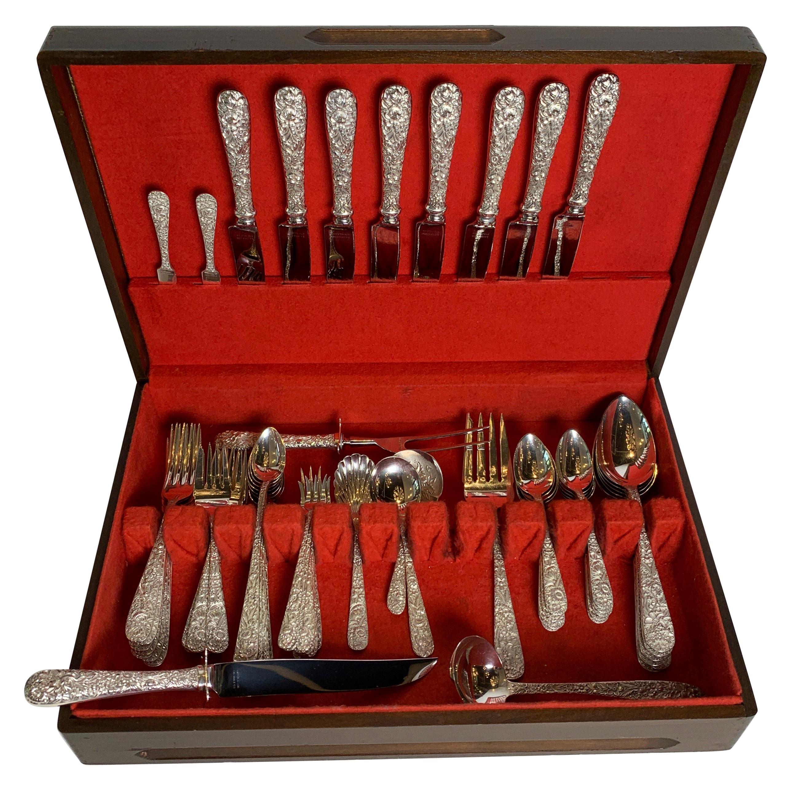 Sterling Silver Repousse Flatware Set with Walnut Box, Kirk & Son, 68 Pieces