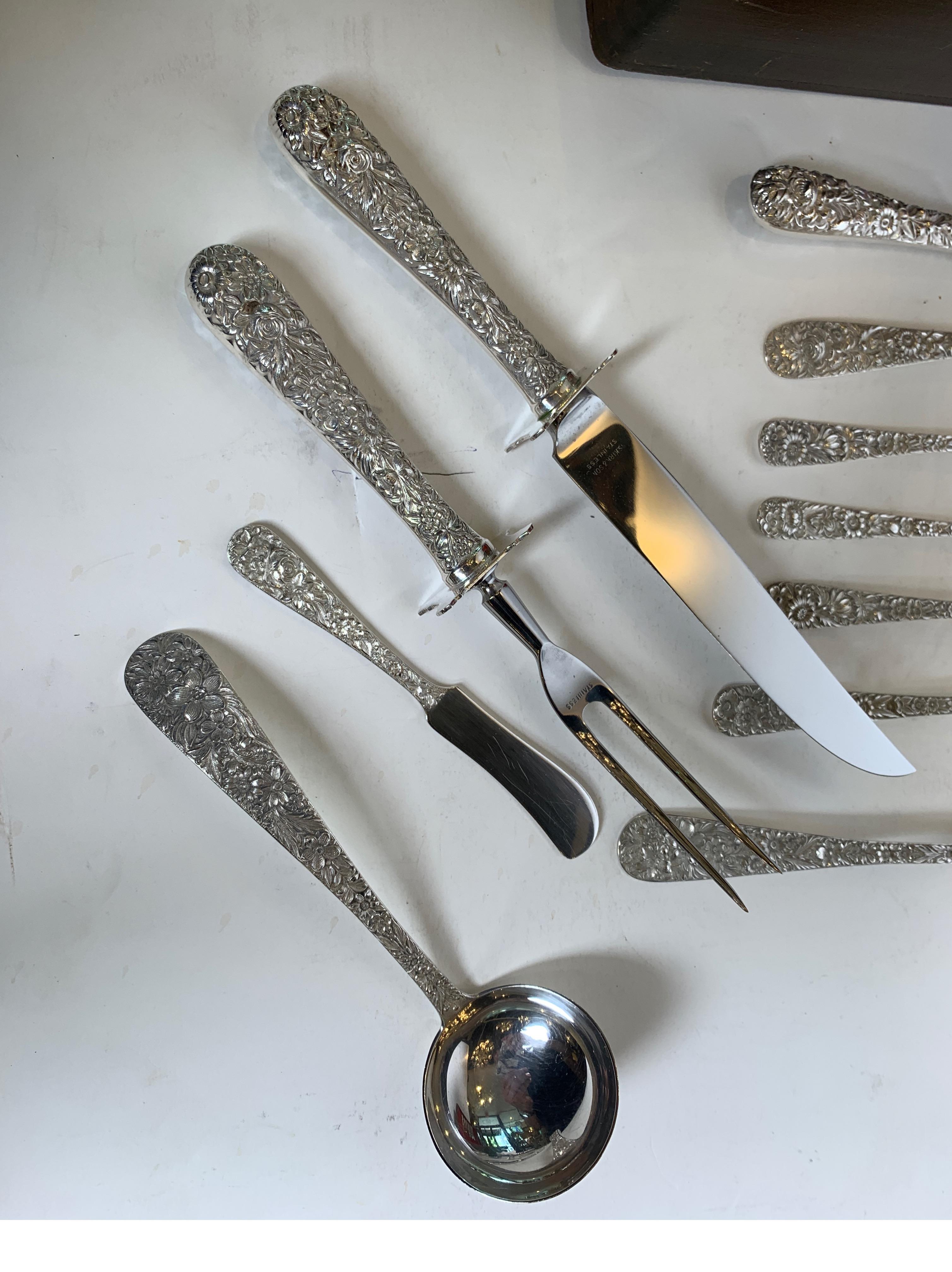 Sterling Silver Repousse Flatware Set with Walnut Box, Kirk & Son 68pcs 4