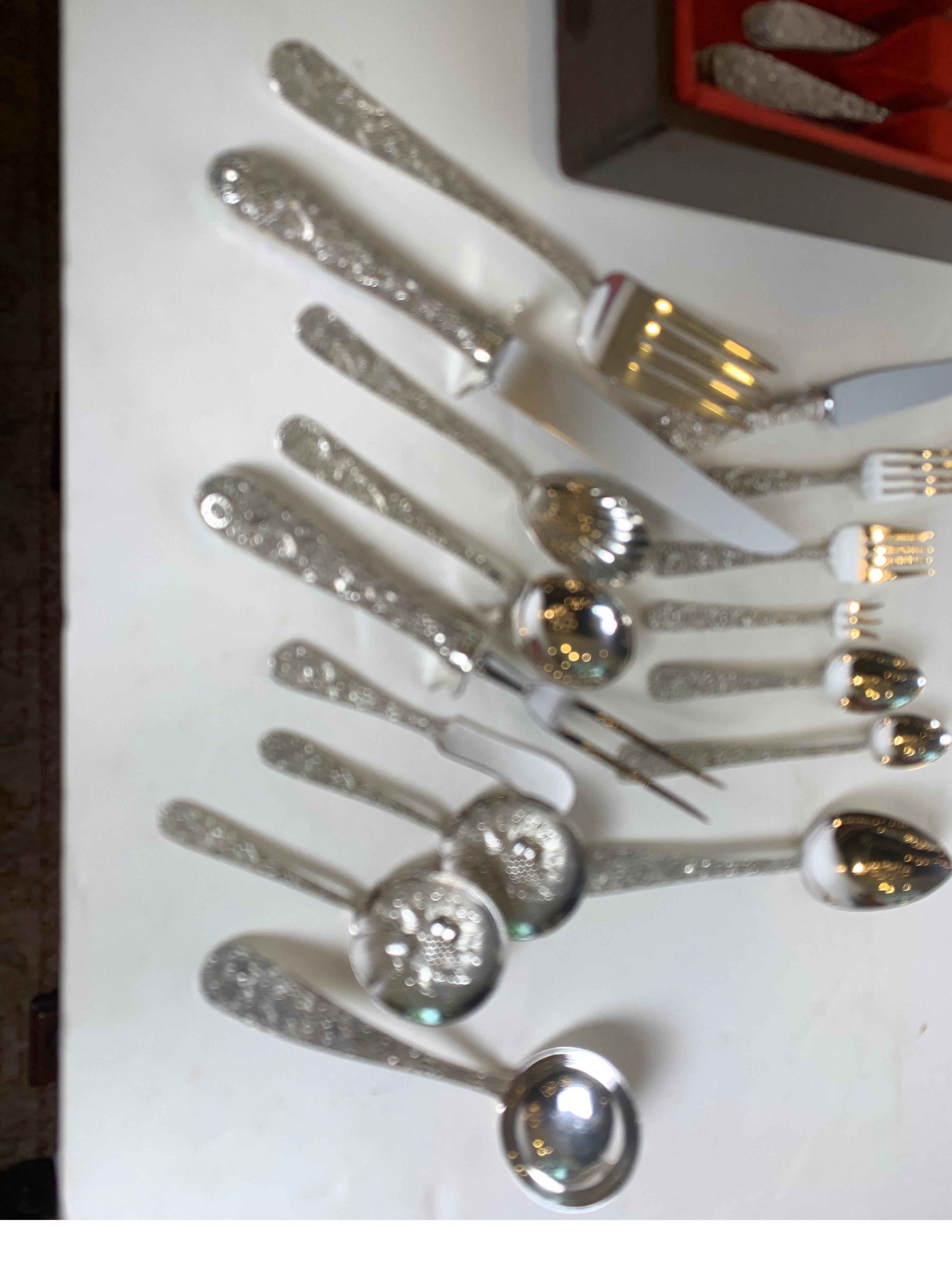 Sterling Silver Repousse Flatware Set with Walnut Box, Kirk & Son 68pcs 5