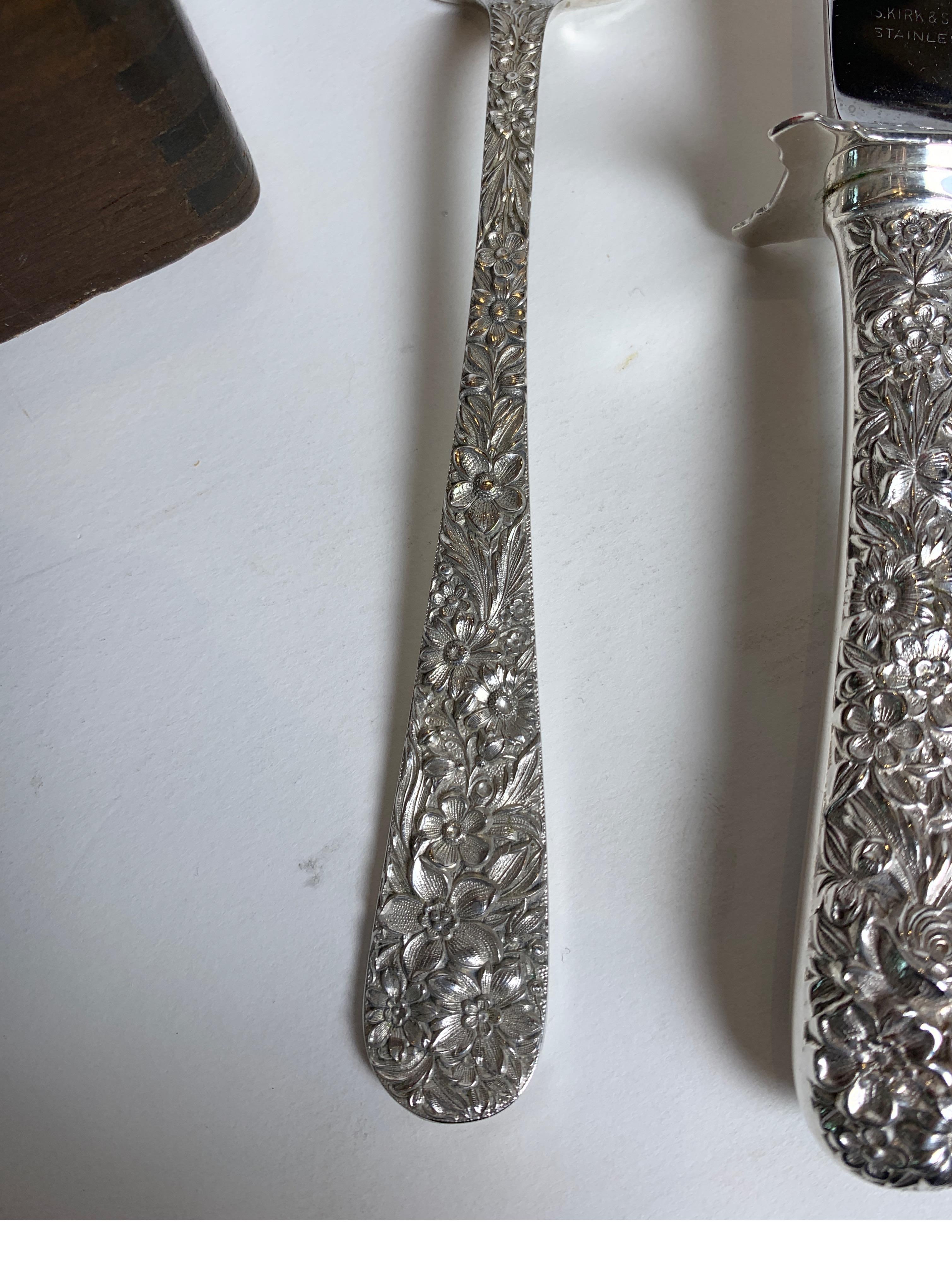 Sterling Silver Repousse Flatware Set with Walnut Box, Kirk & Son 68pcs 6