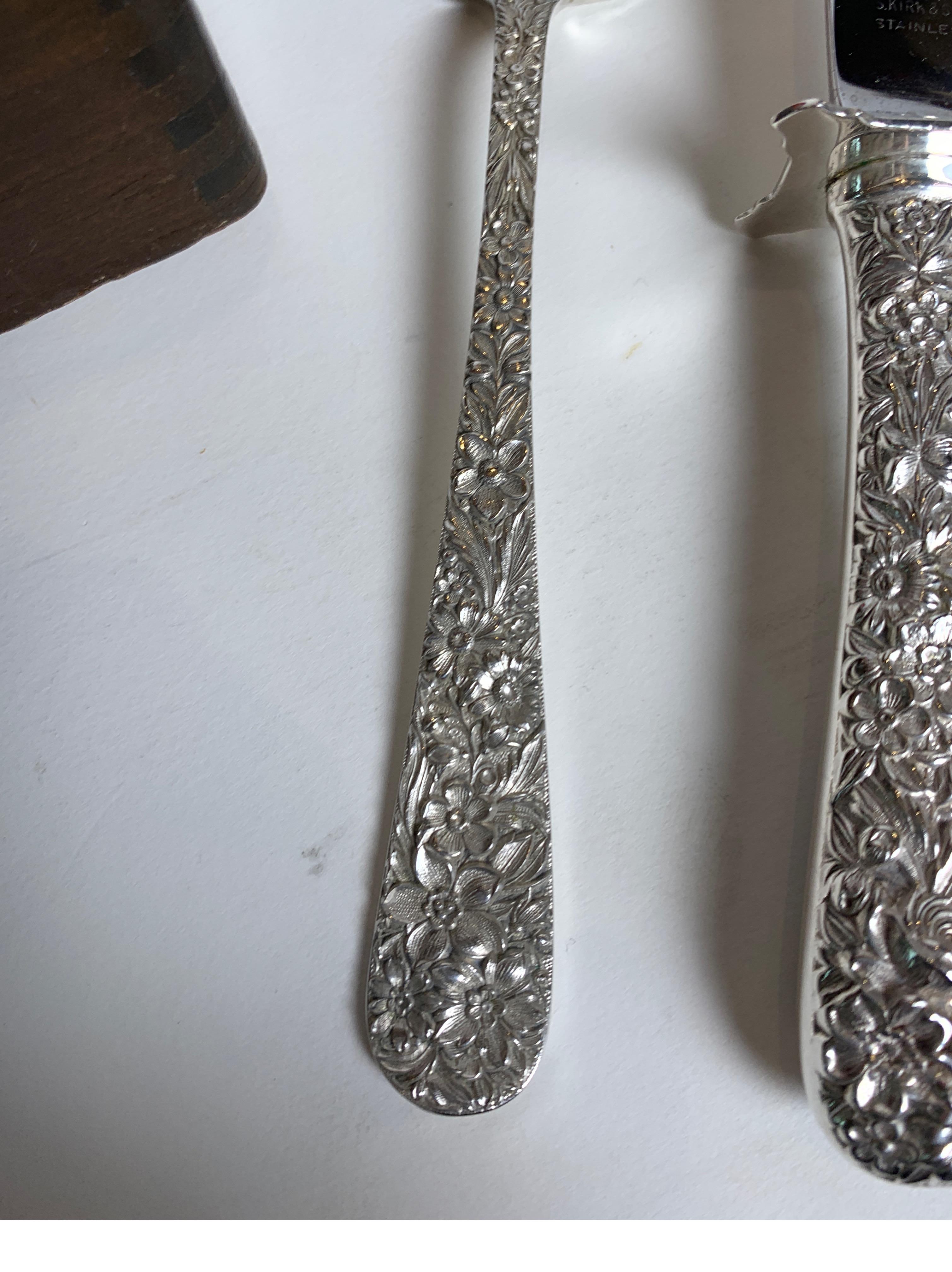 Sterling Silver Repousse Flatware Set with Walnut Box, Kirk & Son 68pcs 7