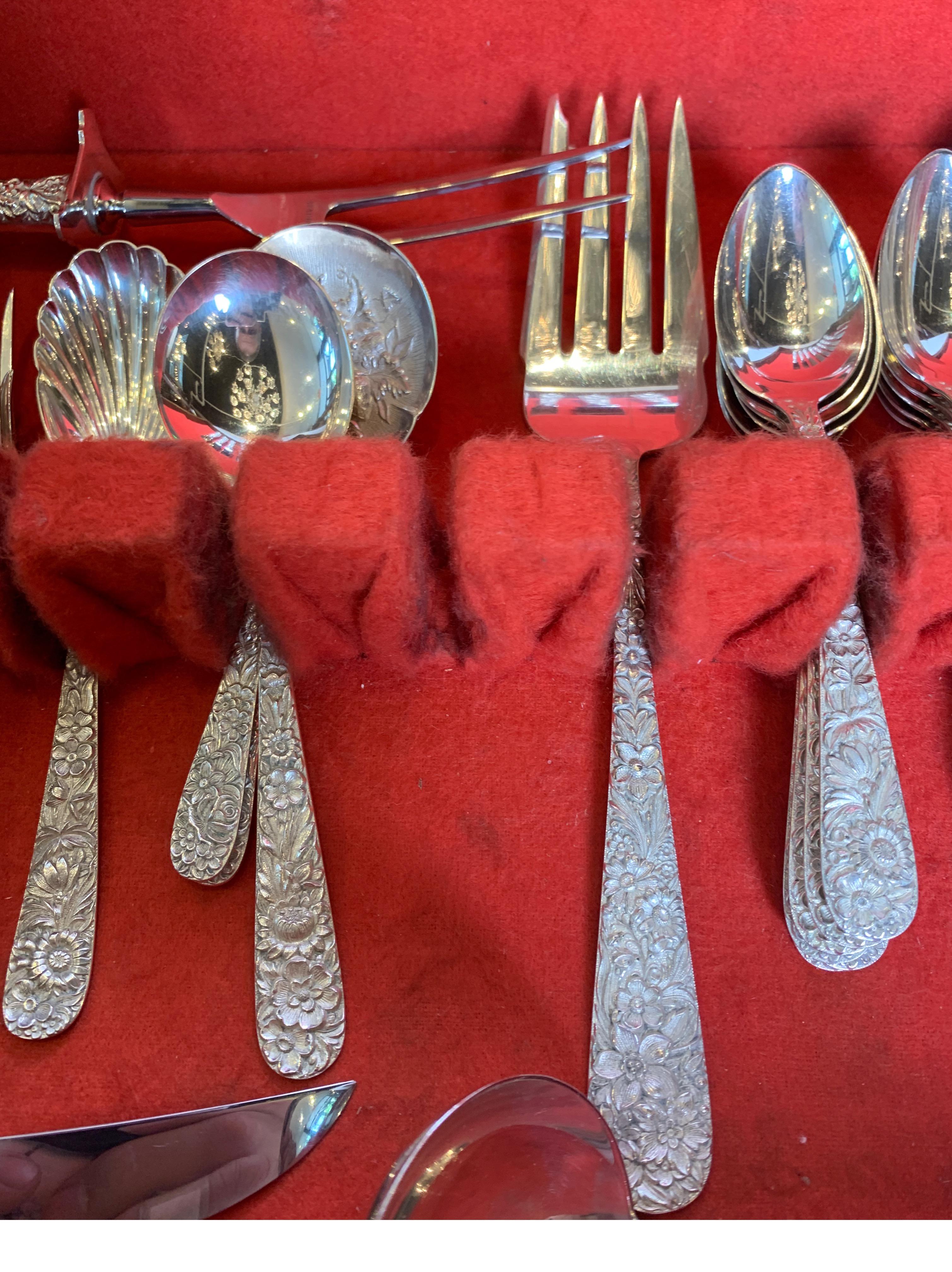 American Sterling Silver Repousse Flatware Set with Walnut Box, Kirk & Son 68pcs