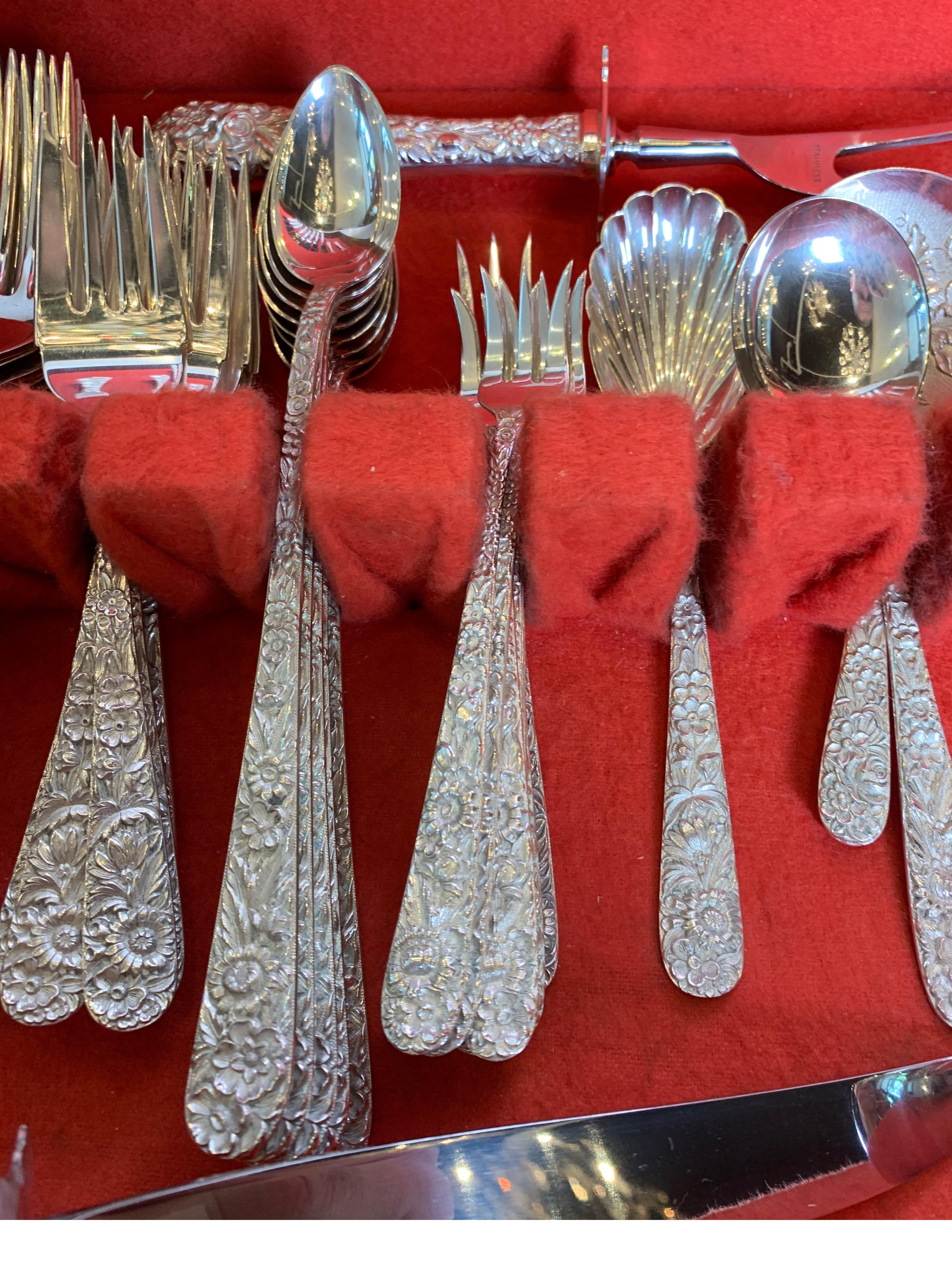 Sterling Silver Repousse Flatware Set with Walnut Box, Kirk & Son, 68 Pieces In Excellent Condition In Lambertville, NJ