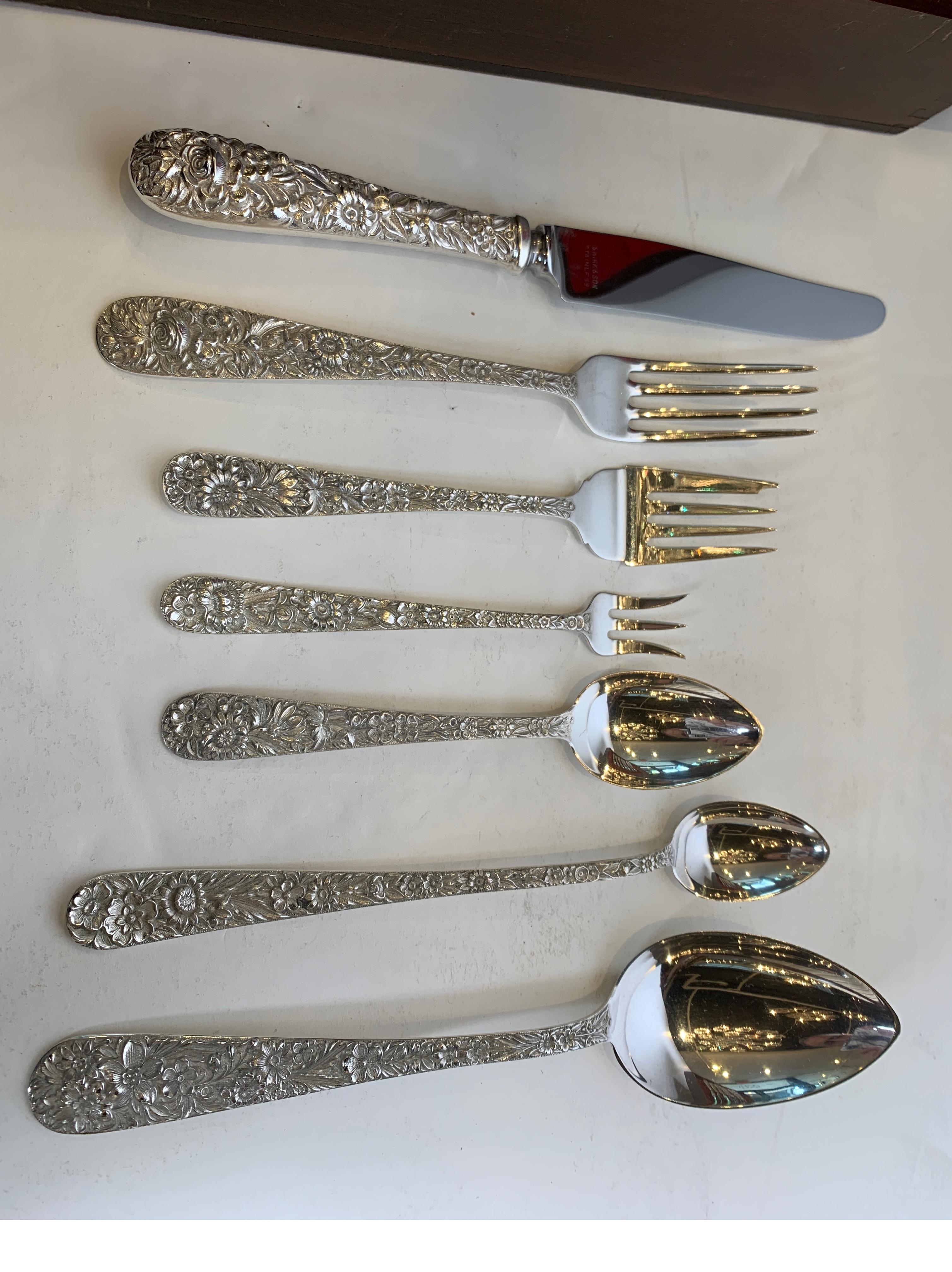 20th Century Sterling Silver Repousse Flatware Set with Walnut Box, Kirk & Son 68pcs