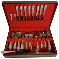 Sterling Silver Repousse Flatware Set with Walnut Box, Kirk & Son 68pcs