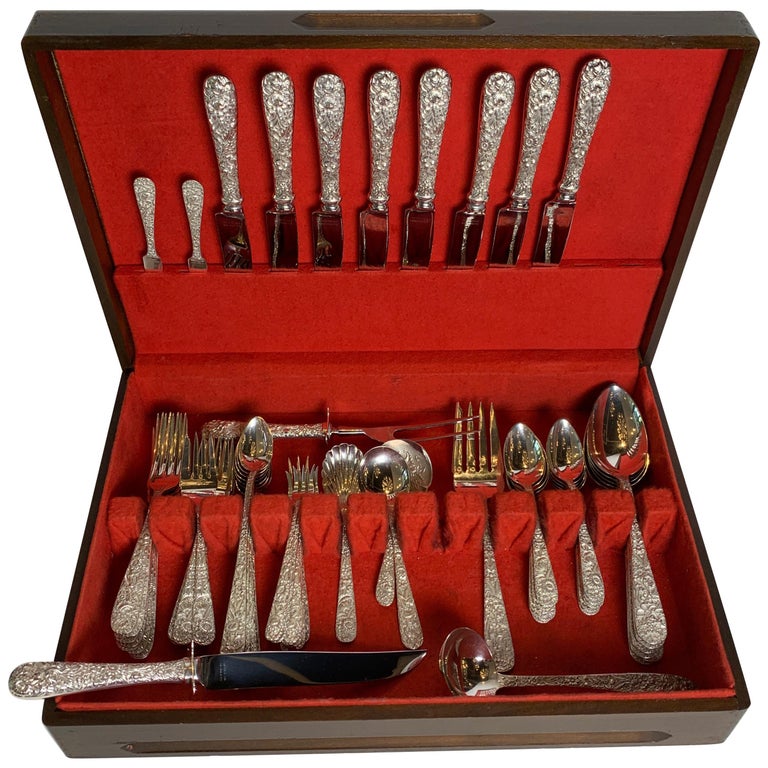 Sterling Silver Repousse Flatware Set with Walnut Box, Kirk and Son