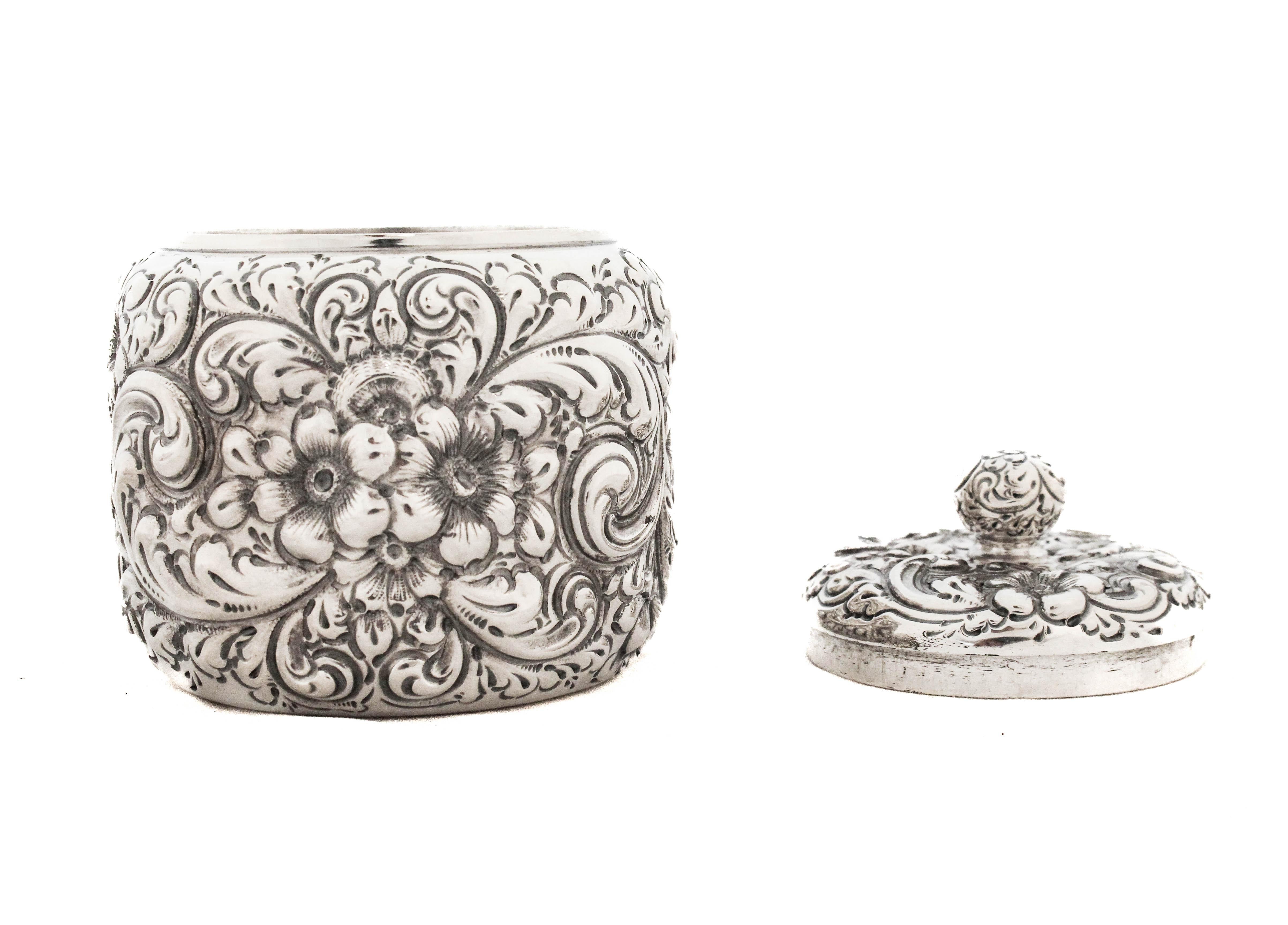 Sterling Silver “Repousse” Jar In Excellent Condition For Sale In Brooklyn, NY