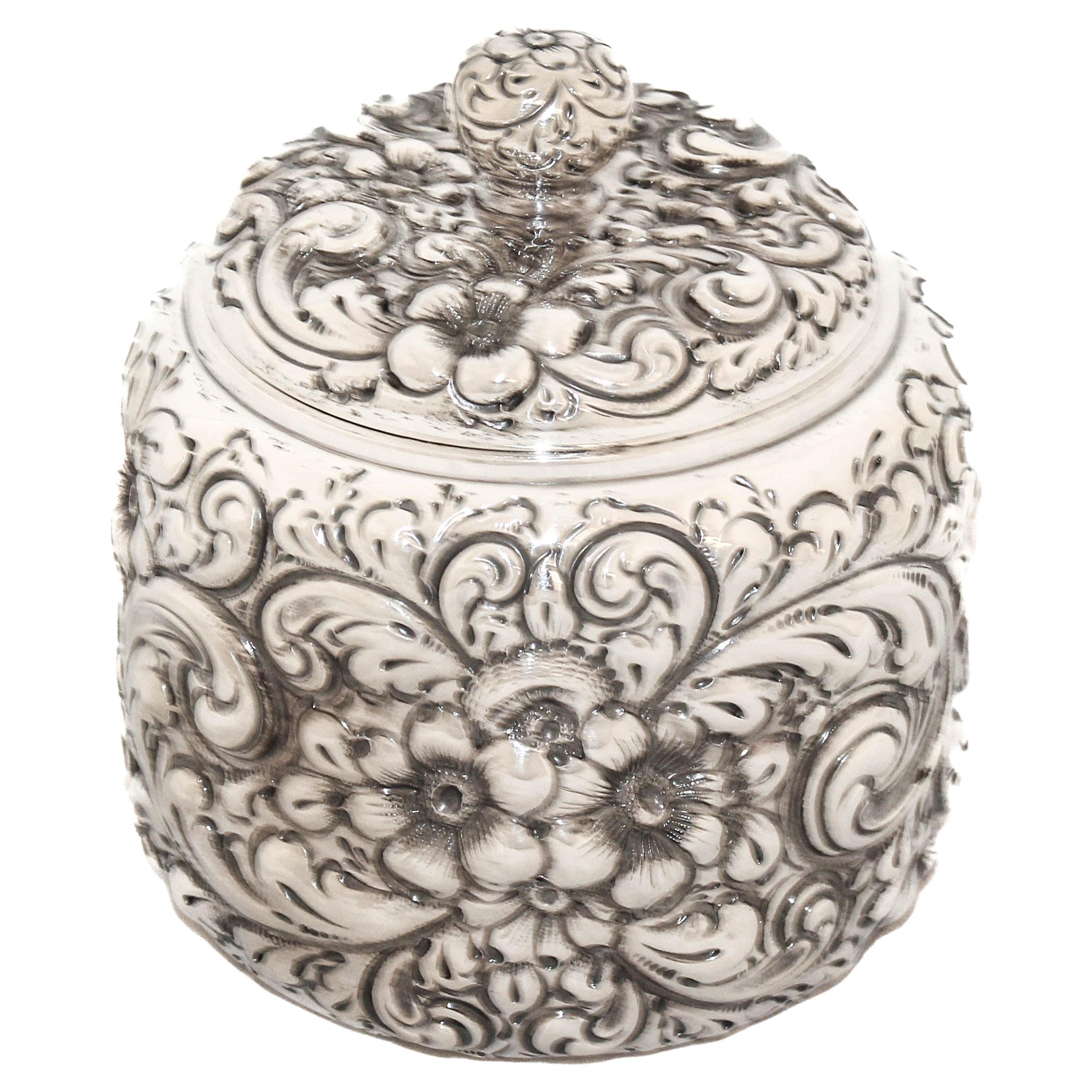 Sterling Silver “Repousse” Jar For Sale