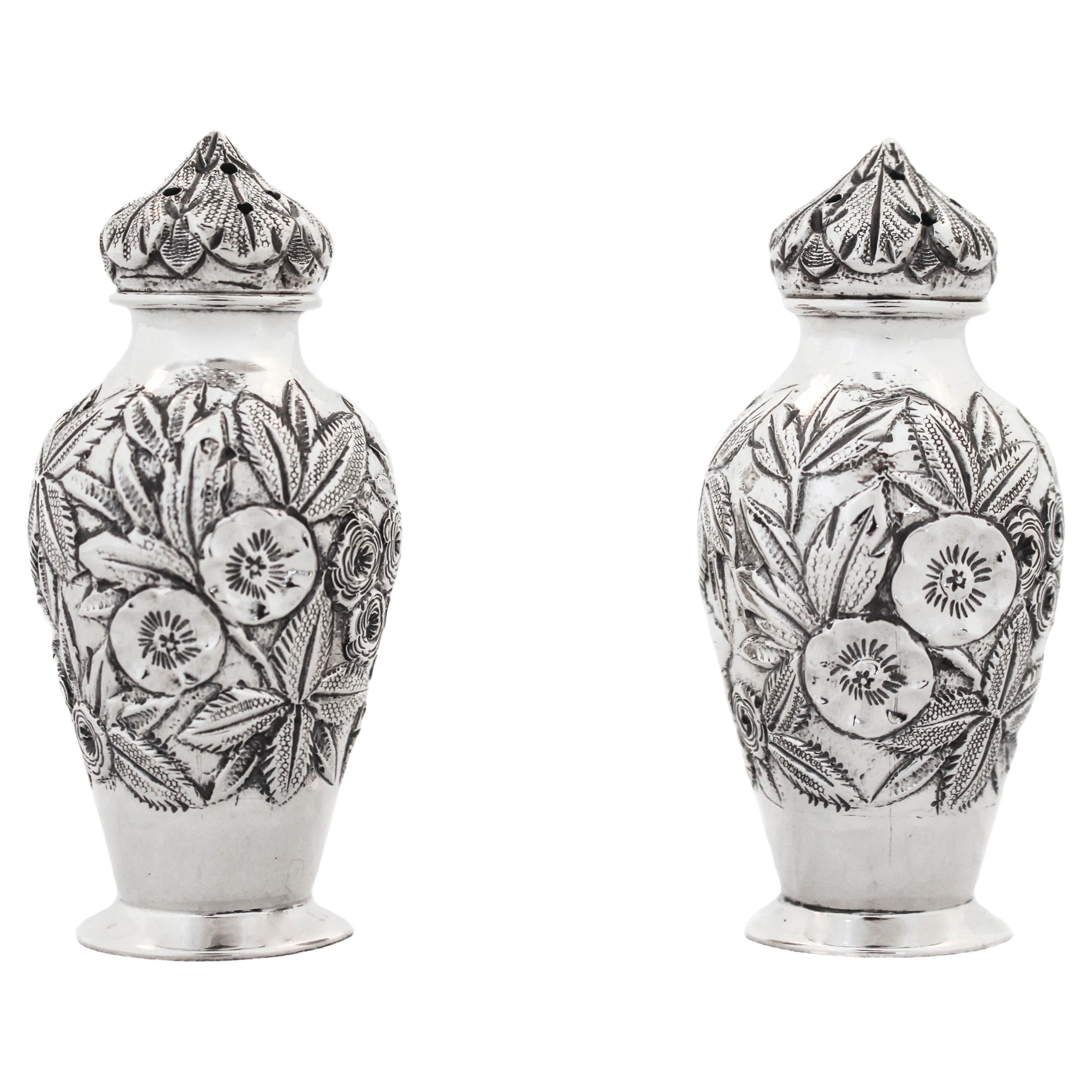 Sterling Silver Repousse Salt Shakers For Sale