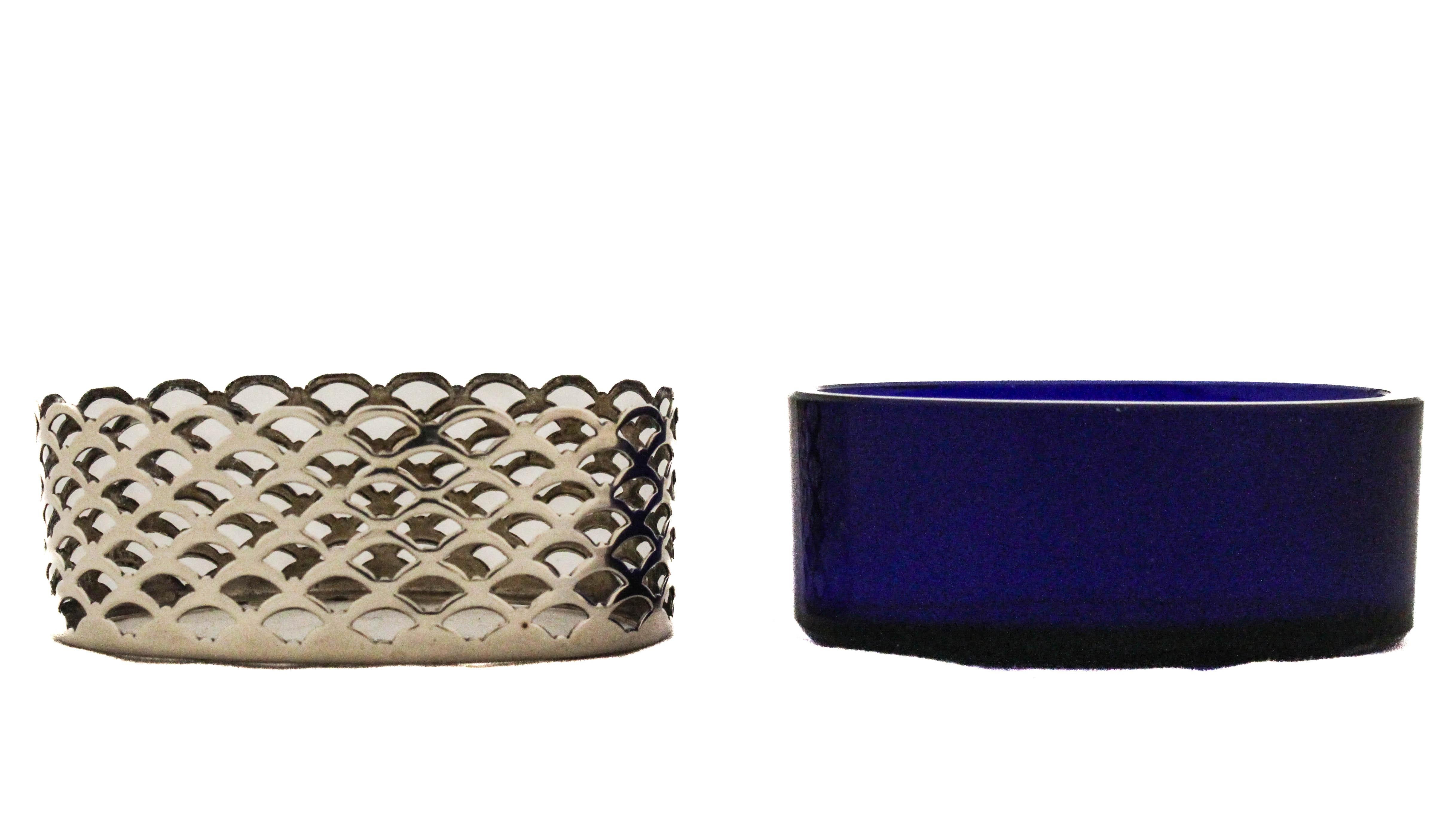American Sterling Silver Reticulated Salt Cellar with Cobalt Liner For Sale