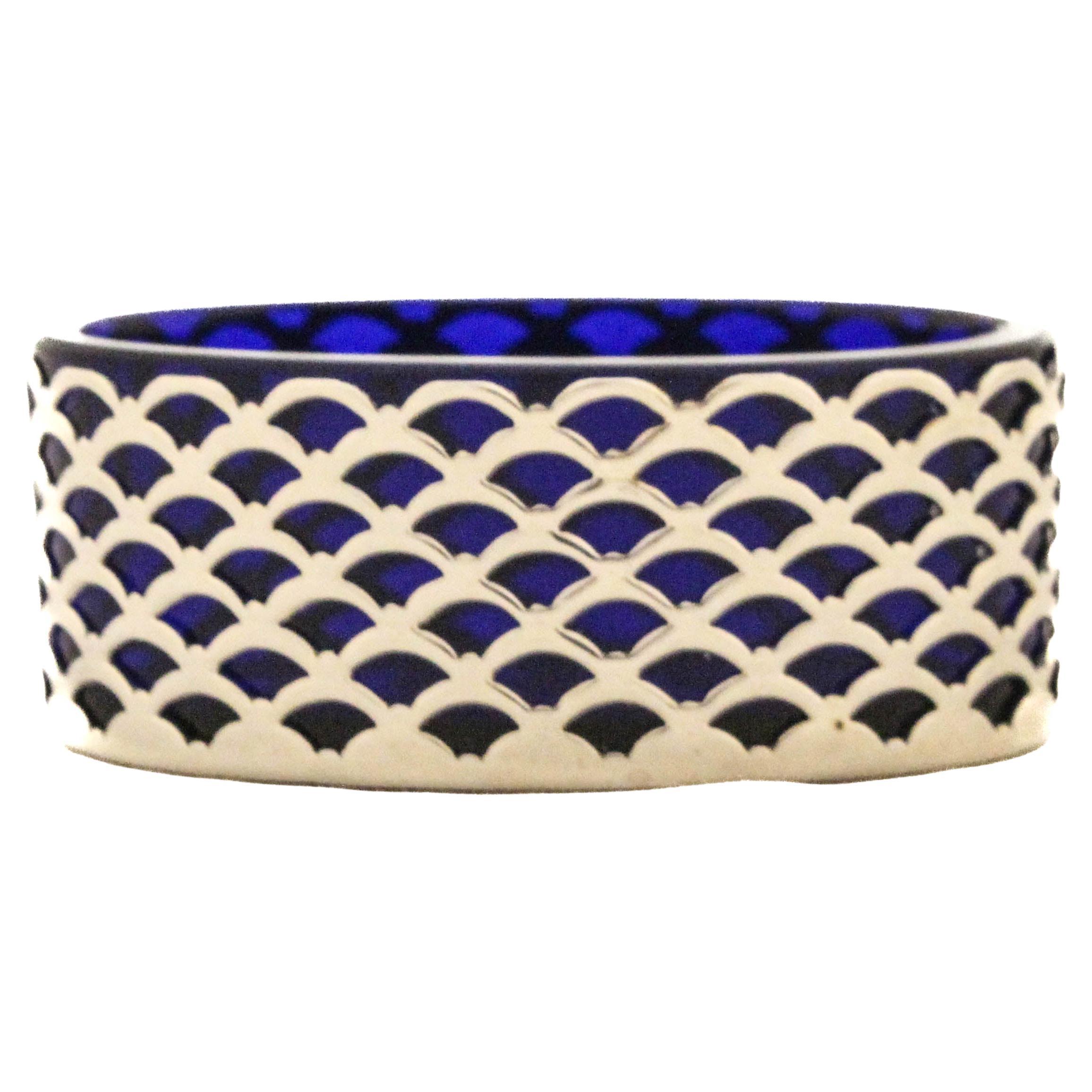 Sterling Silver Reticulated Salt Cellar with Cobalt Liner For Sale