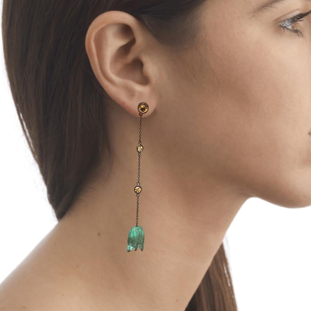 Contemporary Sterling Silver, Rhodium, Verdigris Brass and Citrine Chain Drop Earrings For Sale