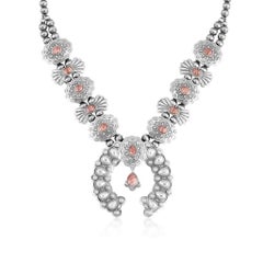 Sterling Silver Rhodochrosite Concha Butterfly Squash Blossom Necklace, 17"-20"