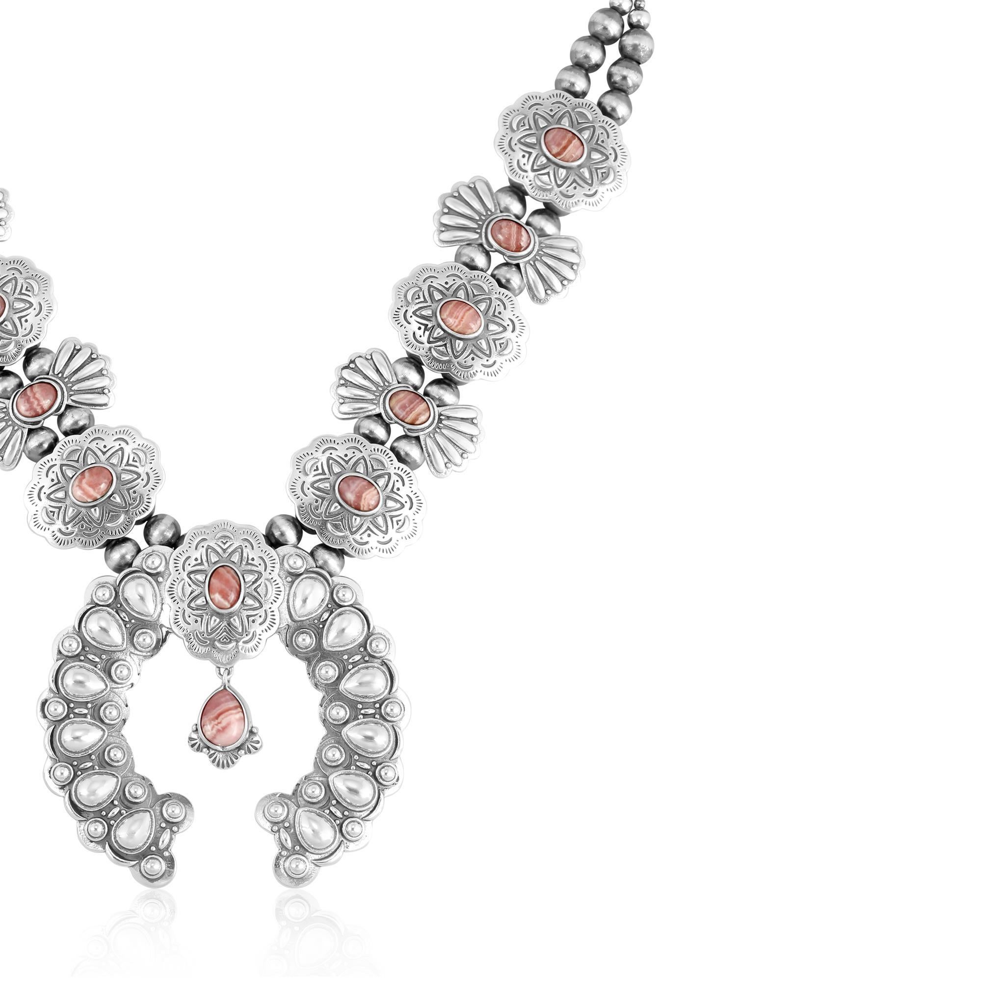 Amérindien Collier en argent Rhodochrosite Concha Butterfly Squash Blossom, 17