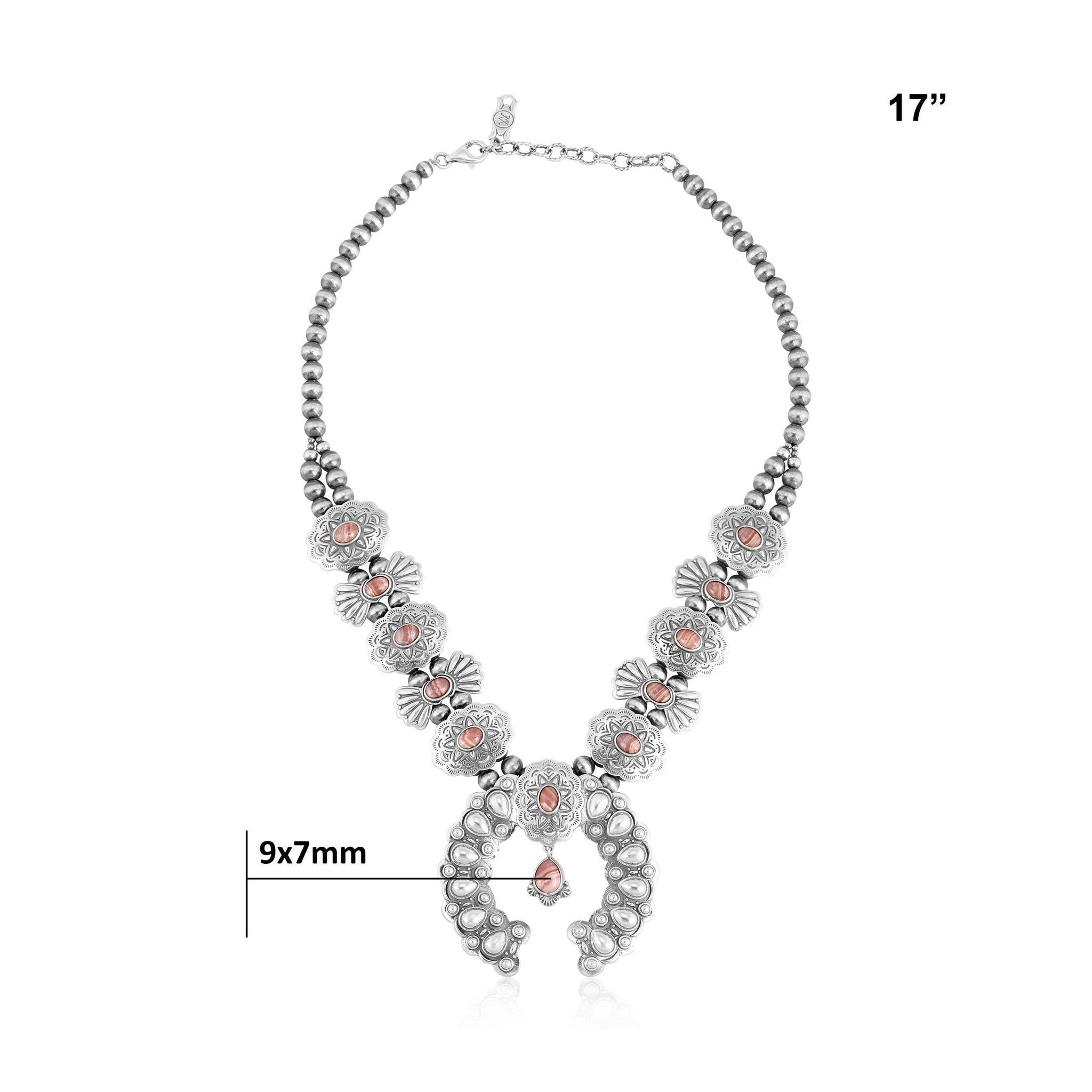 Collier en argent Rhodochrosite Concha Butterfly Squash Blossom, 17