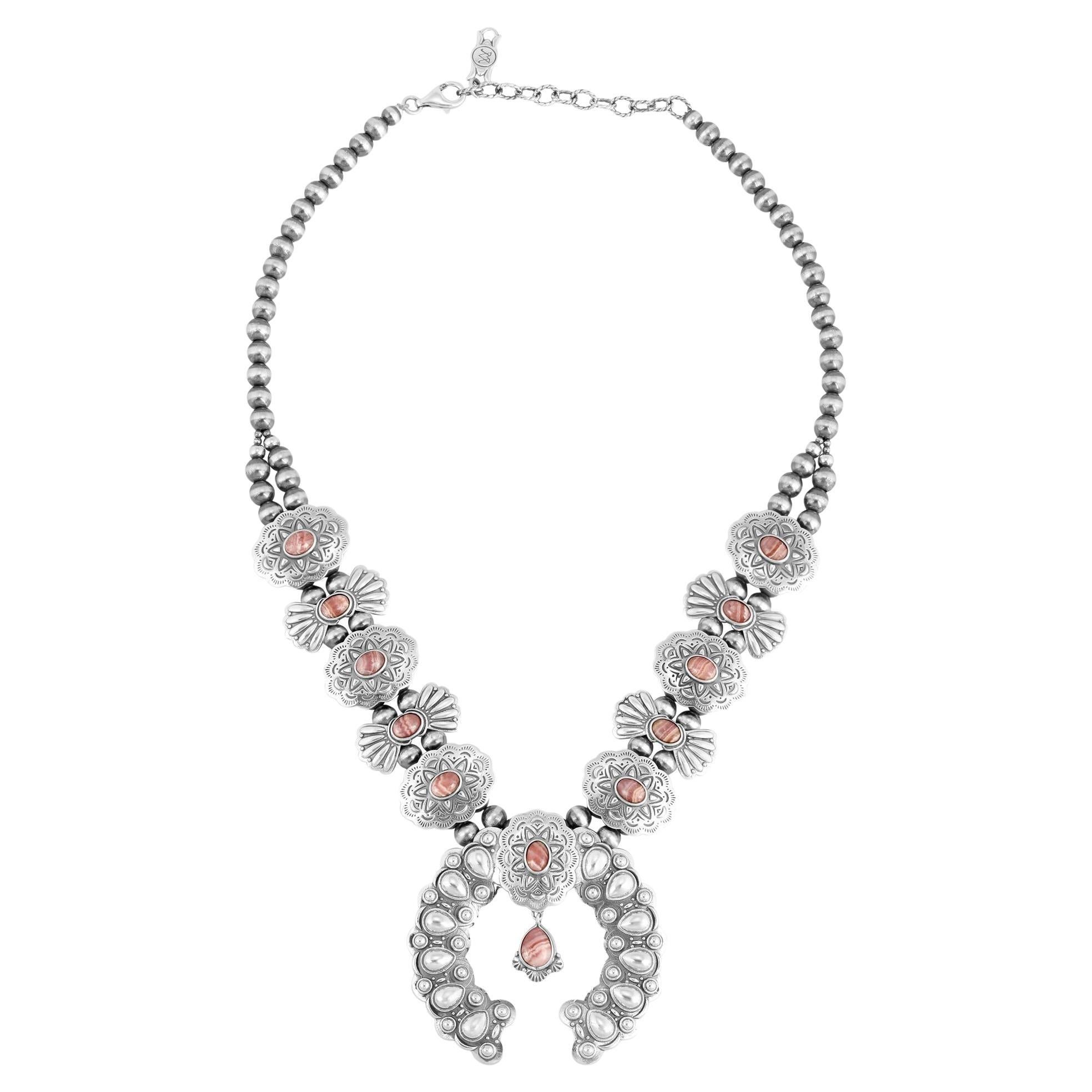Collier en argent Rhodochrosite Concha Butterfly Squash Blossom, 17"-20".