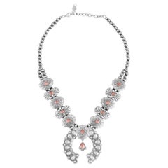 Collier en argent Rhodochrosite Concha Butterfly Squash Blossom, 17"-20".