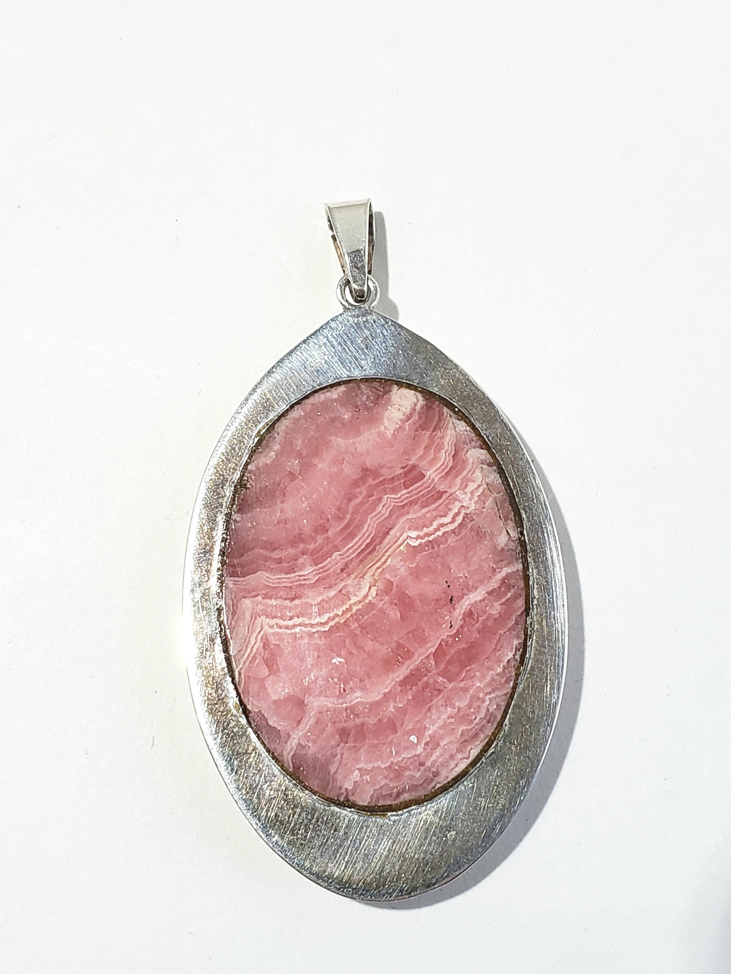 Women's or Men's Sterling Silver Rhodochrosite Oval Pendant