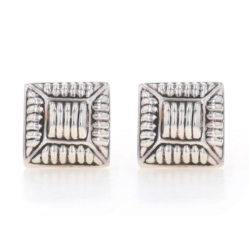 Metal Content: Sterling Silver

Style: Large Stud
Fastening Type: Clip-On Closures
Theme: Ribbed Square
Features: Hollow construction for comfortable, all-day wear

Measurements
Tall: 1 1/8