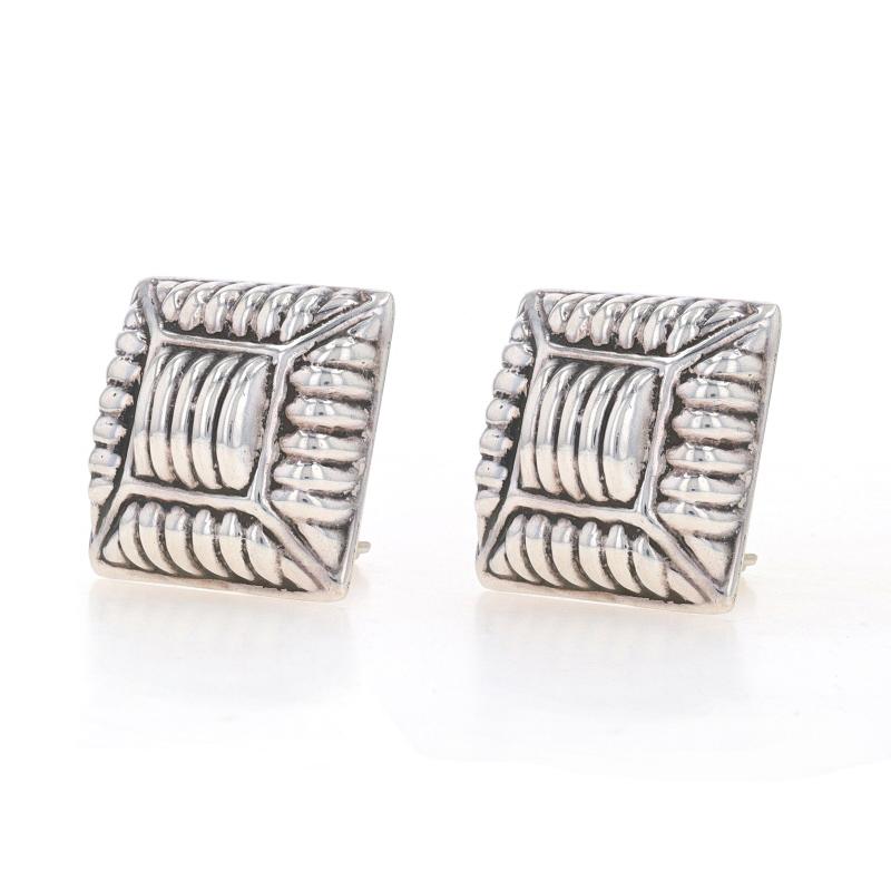 Sterling Silver Ribbed Square Large Stud Earrings - 925 Non-Pierced Clip-Ons In Excellent Condition For Sale In Greensboro, NC