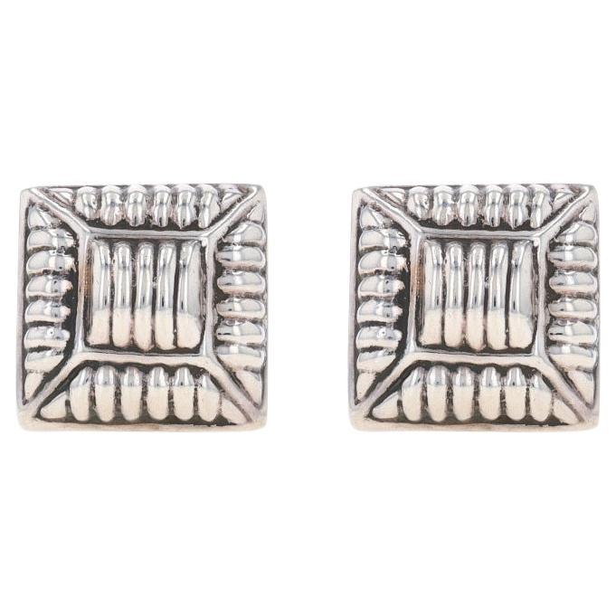Sterling Silver Ribbed Square Large Stud Earrings - 925 Non-Pierced Clip-Ons For Sale