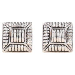 Sterling Silver Ribbed Square Large Stud Earrings - 925 Non-Pierced Clip-Ons