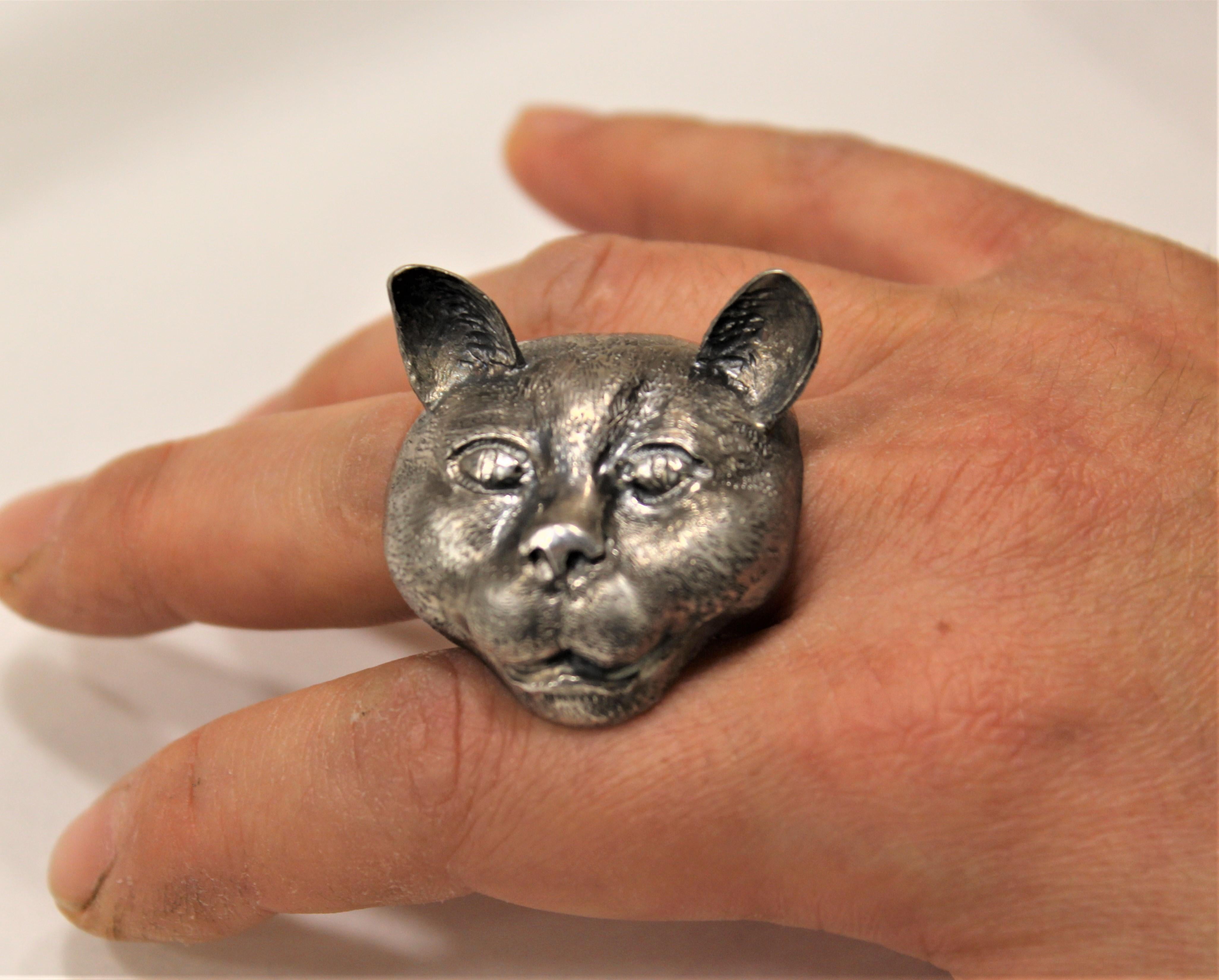 Modern Sterling Silver, Ring, Cat, Handcrafted, Italy For Sale