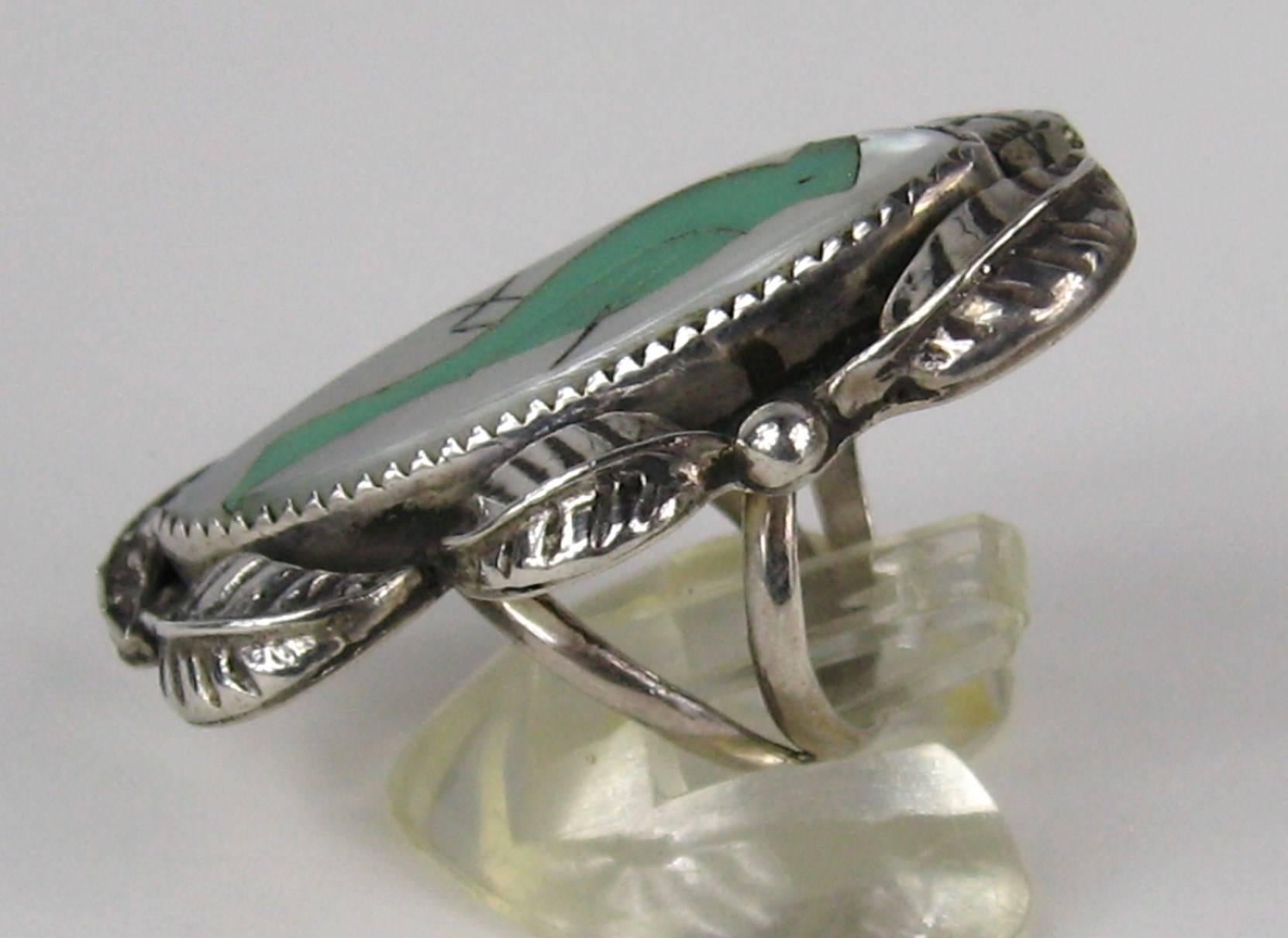 Amérindien A Silver Bague Native American Old Pawn Turquoise Mother Of Pearl  en vente
